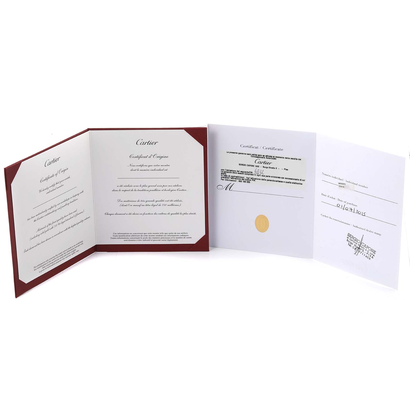 The image shows the certificate of origin and warranty documents for the Cartier Ballon Bleu WE902079 Women's Steel and Gold (two tone) Silver Dial WE902079 Women's Steel and Gold (two tone) Silver Dial watch.