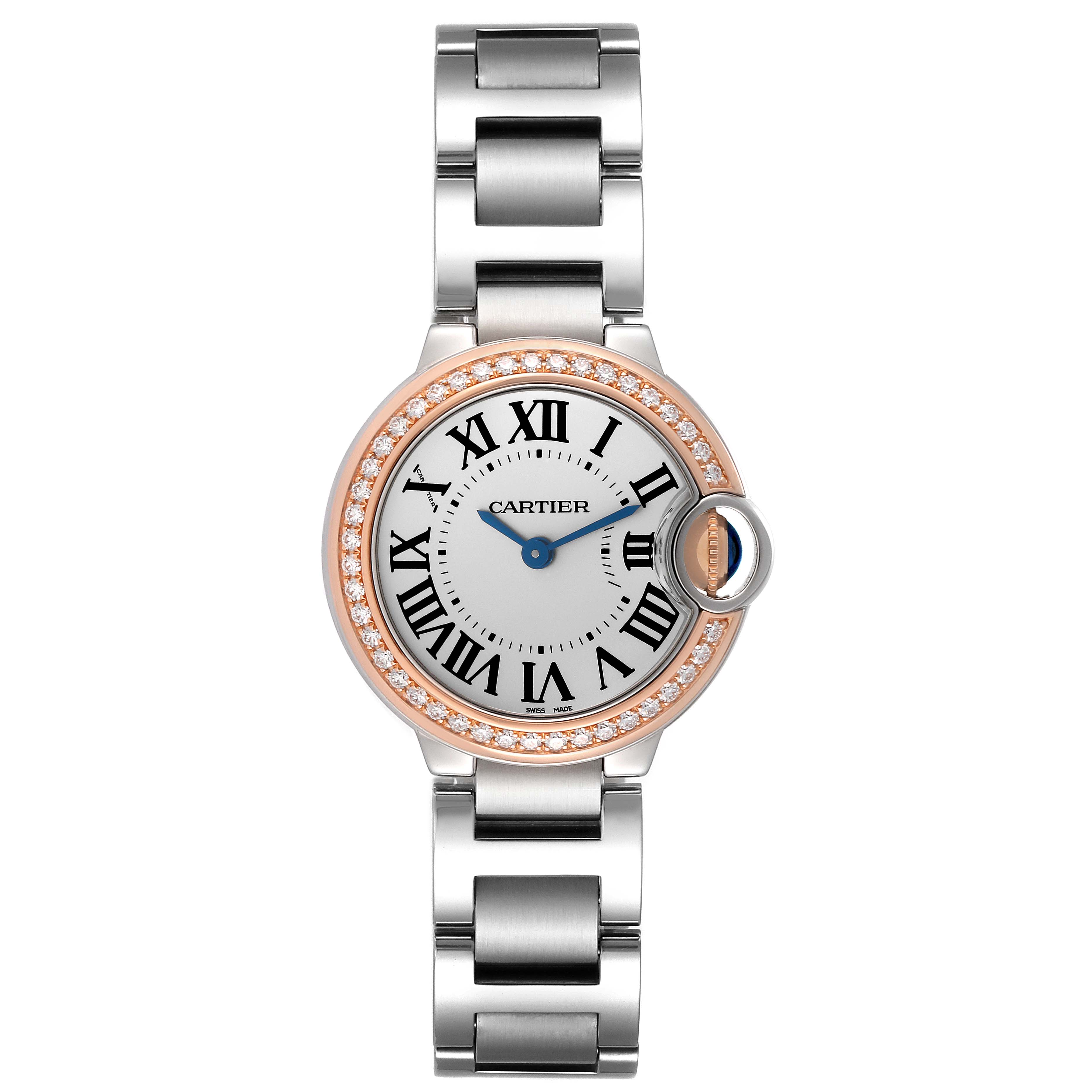 The Cartier Ballon Bleu WE902079 Women's Steel and Gold (two tone) Silver Dial WE902079 Women's Steel and Gold (two tone) Silver Dial watch is shown from the front, featuring its full face and bracelet.