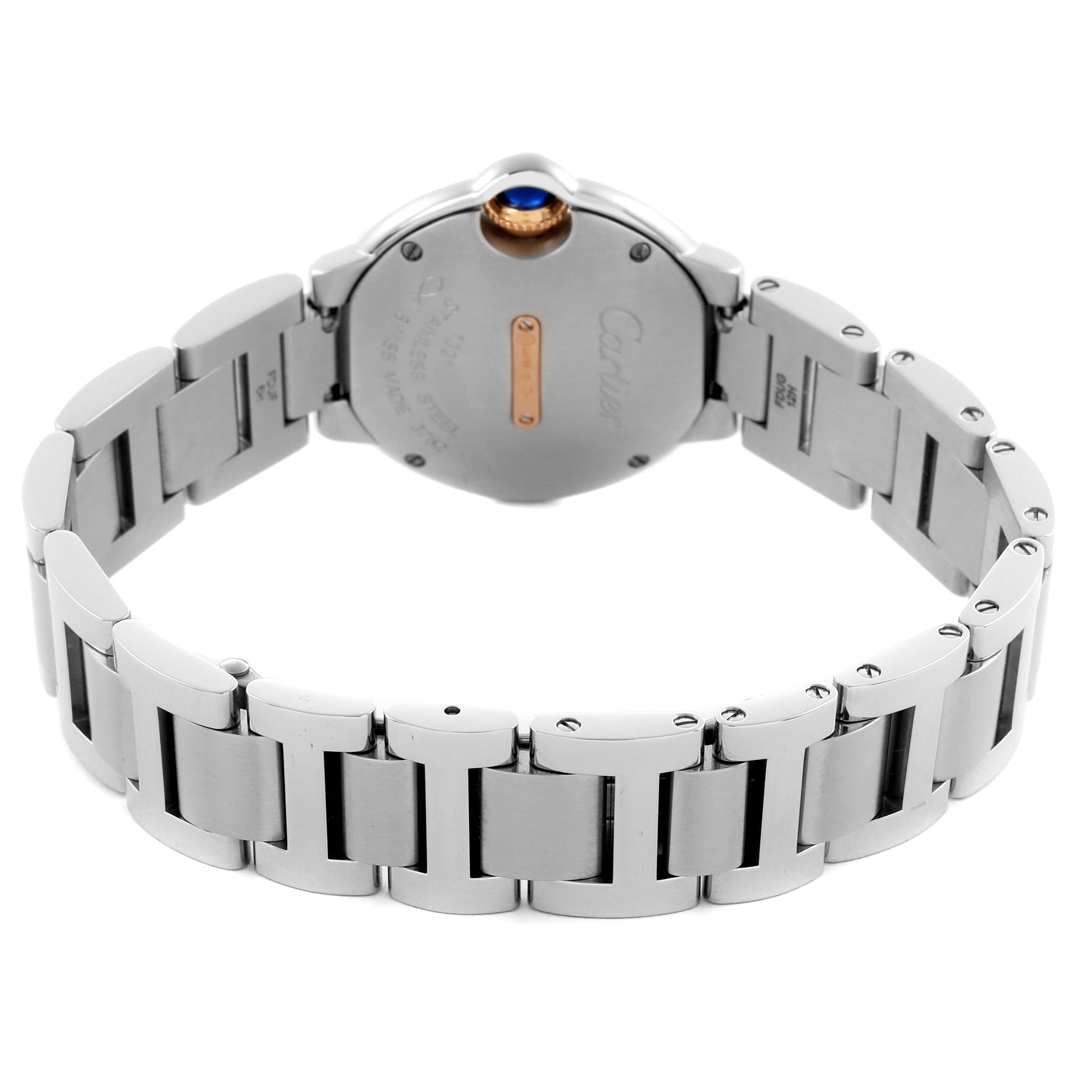 The image shows a rear view of the Cartier Ballon Bleu WE902079 Women's Steel and Gold (two tone) Silver Dial WE902079 Women's Steel and Gold (two tone) Silver Dial watch, highlighting the back case and metal bracelet.