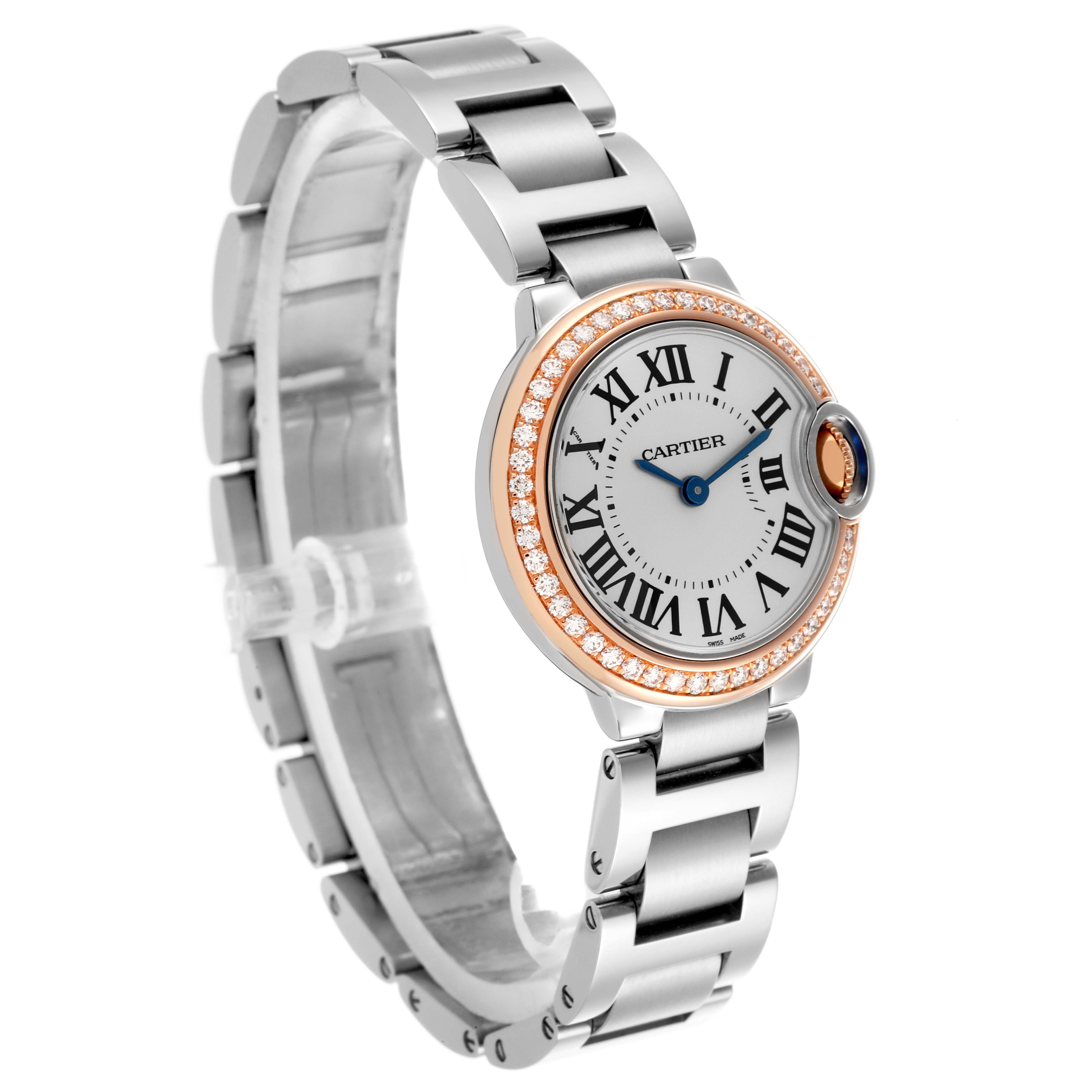 The Cartier Ballon Bleu WE902079 Women's Steel and Gold (two tone) Silver Dial WE902079 Women's Steel and Gold (two tone) Silver Dial watch is shown in a side angle, highlighting the face, crown, and bracelet.