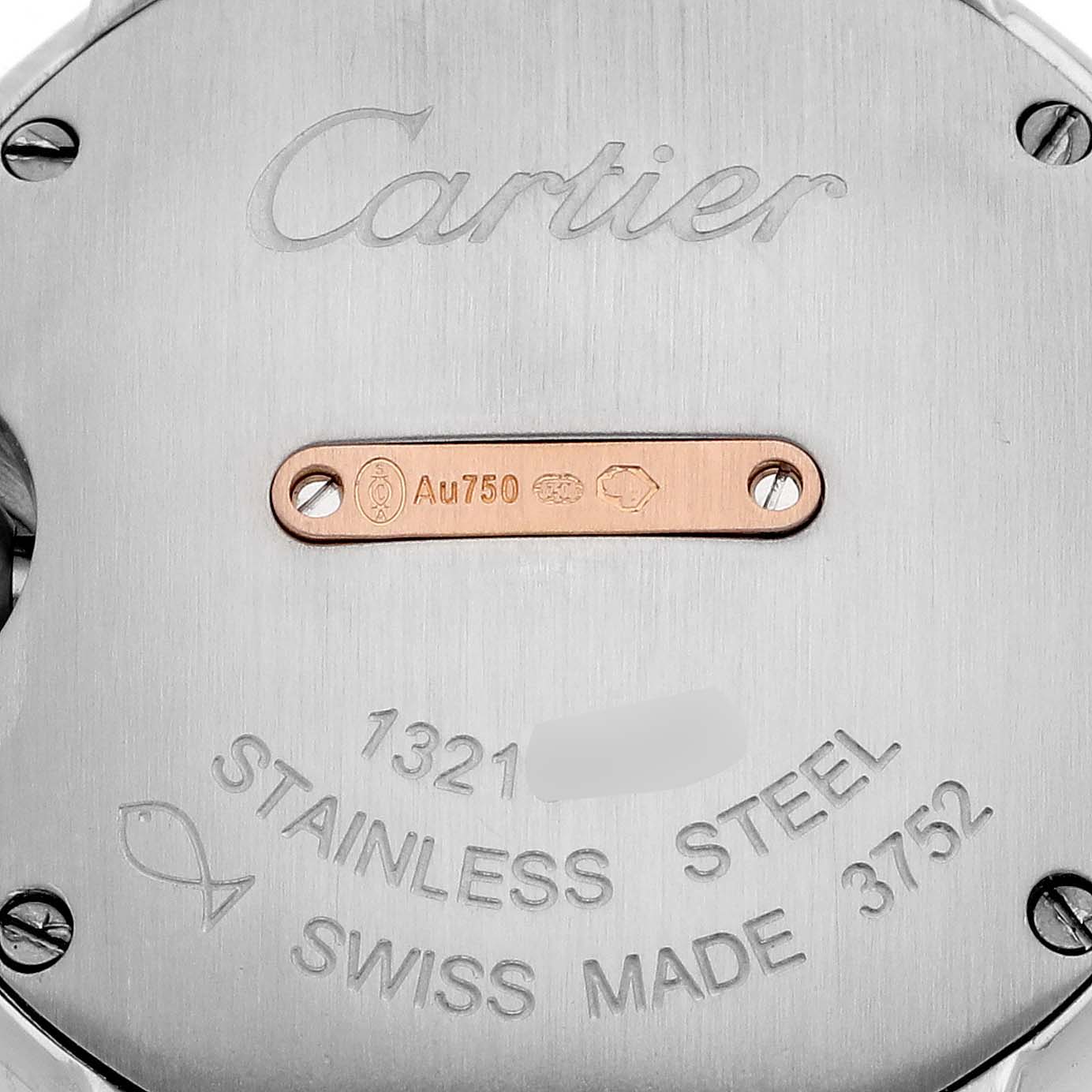 The image shows the back of a Cartier Ballon Bleu WE902079 Women's Steel and Gold (two tone) Silver Dial WE902079 Women's Steel and Gold (two tone) Silver Dial watch, highlighting engraved details and a gold plate.