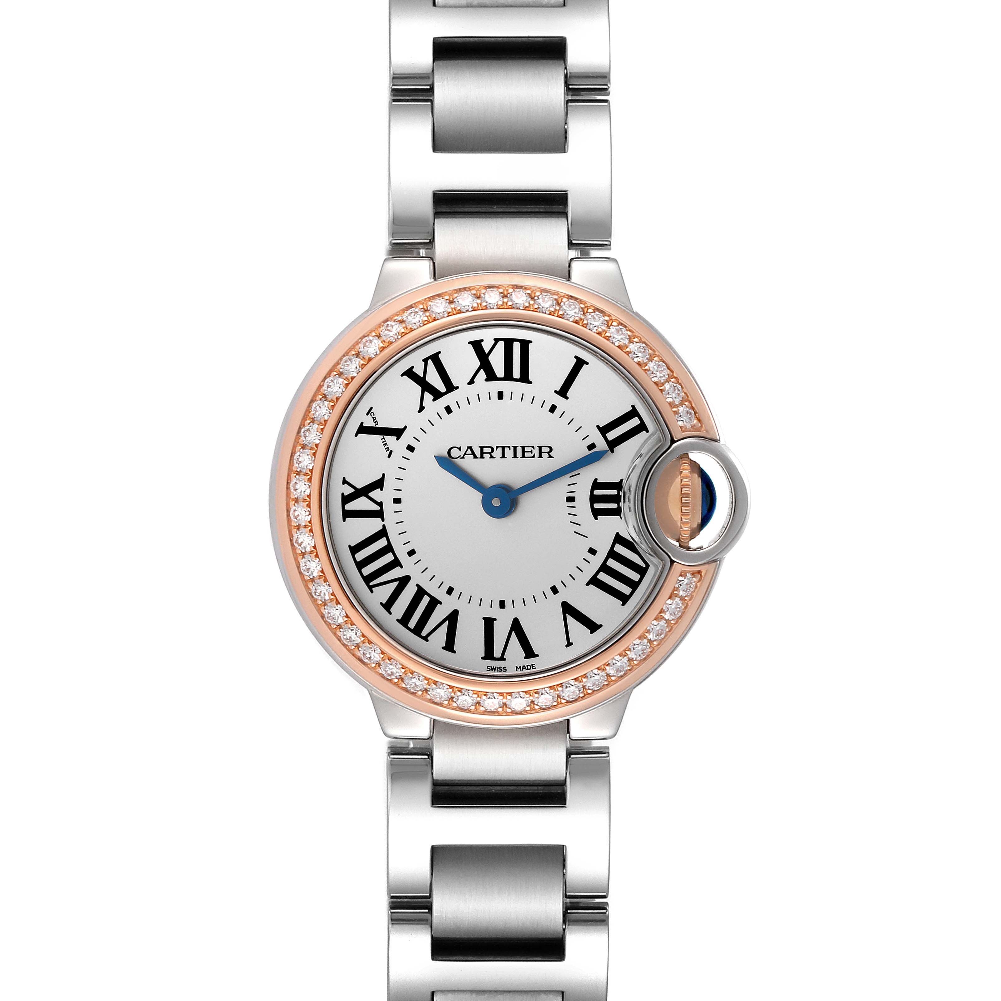 The Cartier Ballon Bleu WE902079 Women's Steel and Gold (two tone) Silver Dial WE902079 Women's Steel and Gold (two tone) Silver Dial watch is shown from a top-down angle, displaying its face, bezel, and stainless steel bracelet.