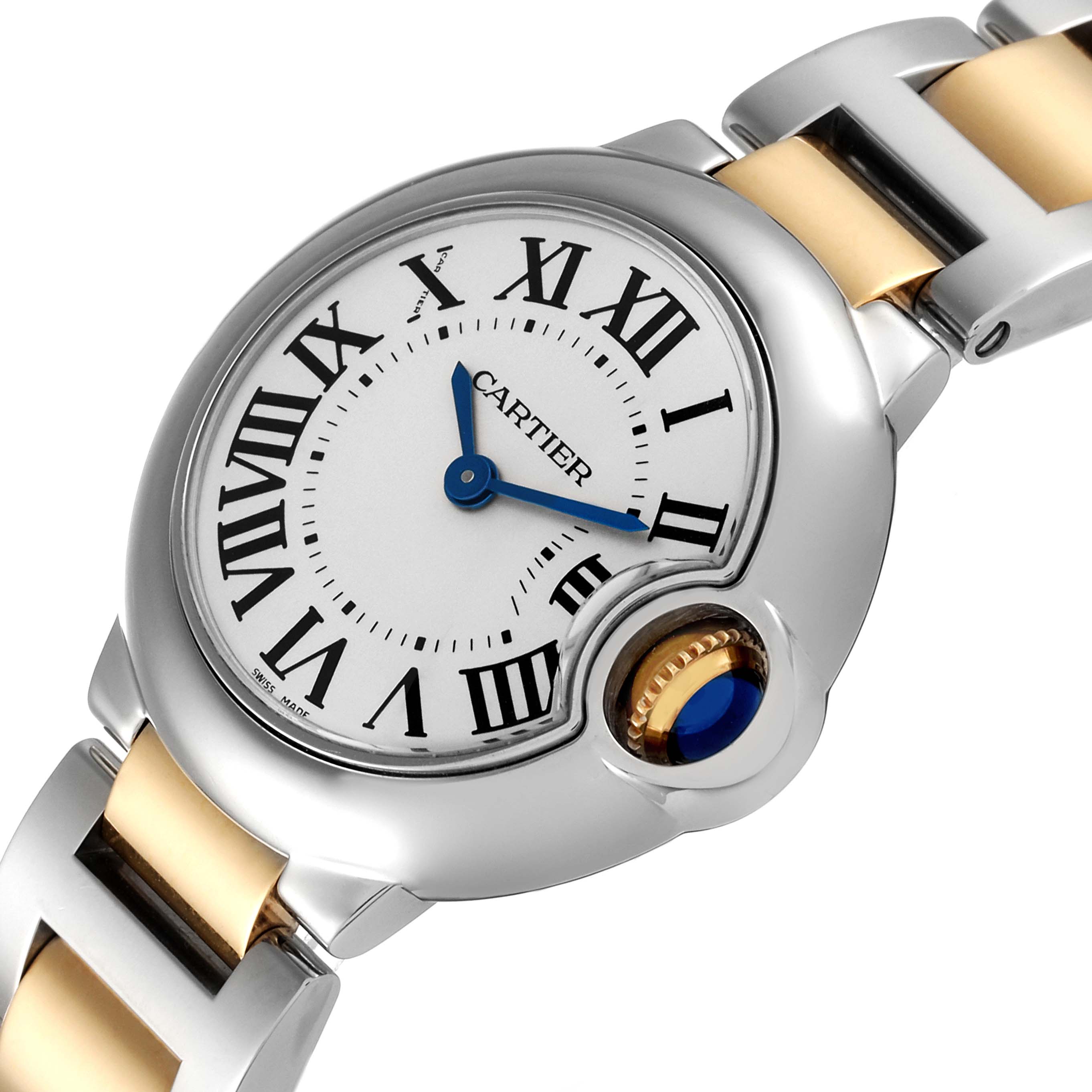 The image shows a close-up of the Cartier Ballon Bleu W69007Z3 Women's Steel and Gold (two tone) Silver Dial W69007Z3 Women's Steel and Gold (two tone) Silver Dial watch, highlighting the dial, Roman numerals, blue hands, and crown with a blue cabochon.