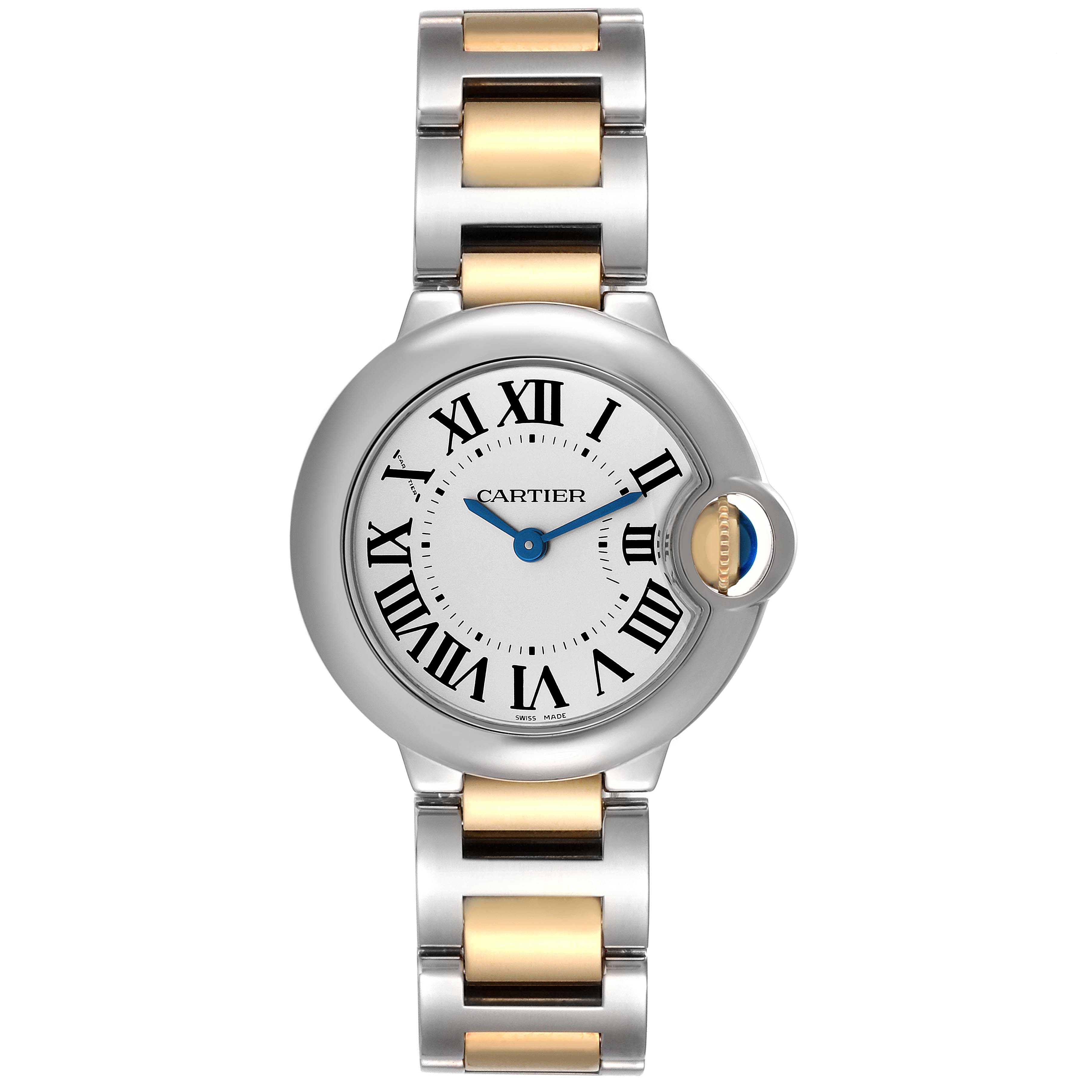 The image shows a Ballon Bleu model by Cartier from a top-down angle, displaying the watch face and band.