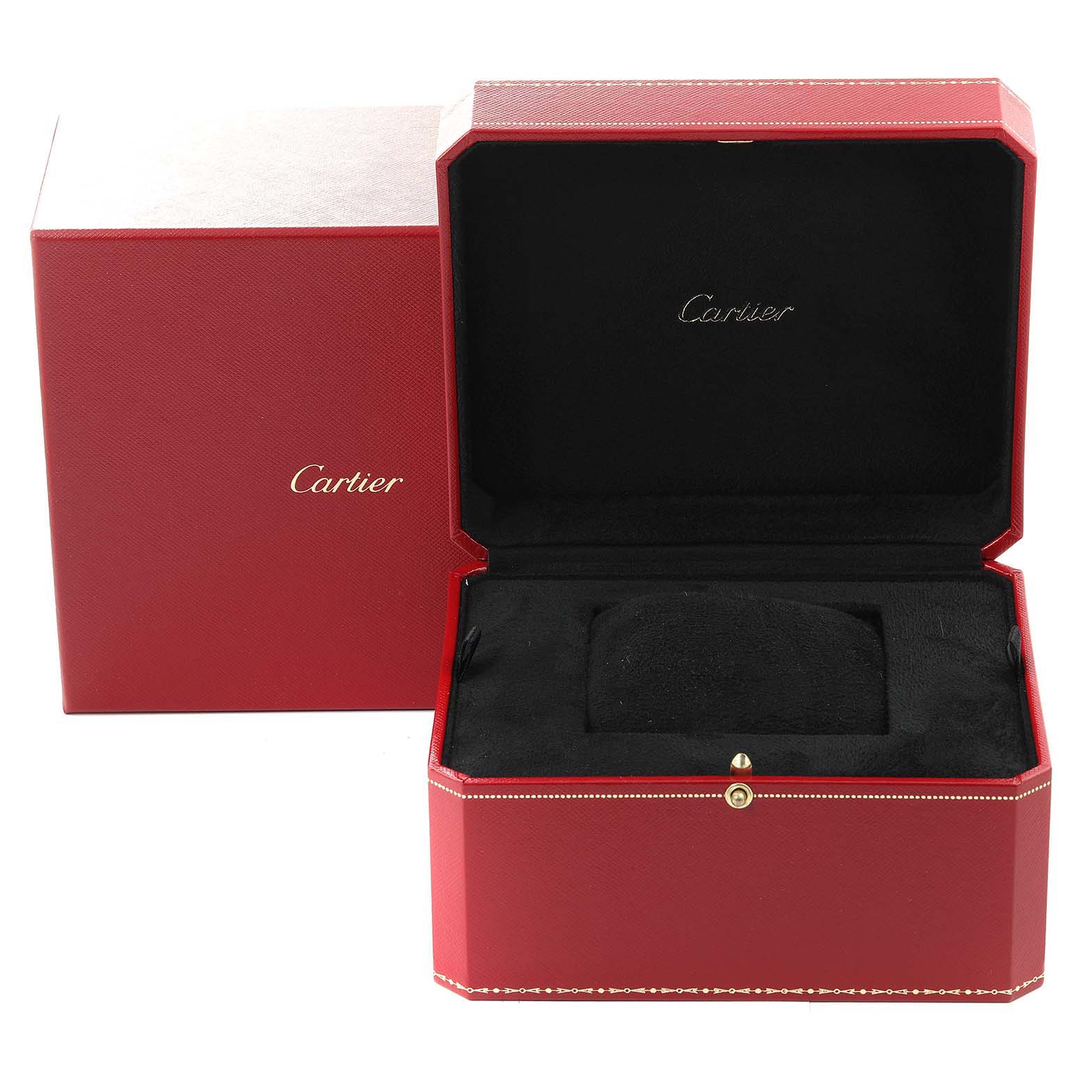 The image shows an open red Cartier watch box for the Ballon Bleu model, featuring the Cartier logo on the inside.