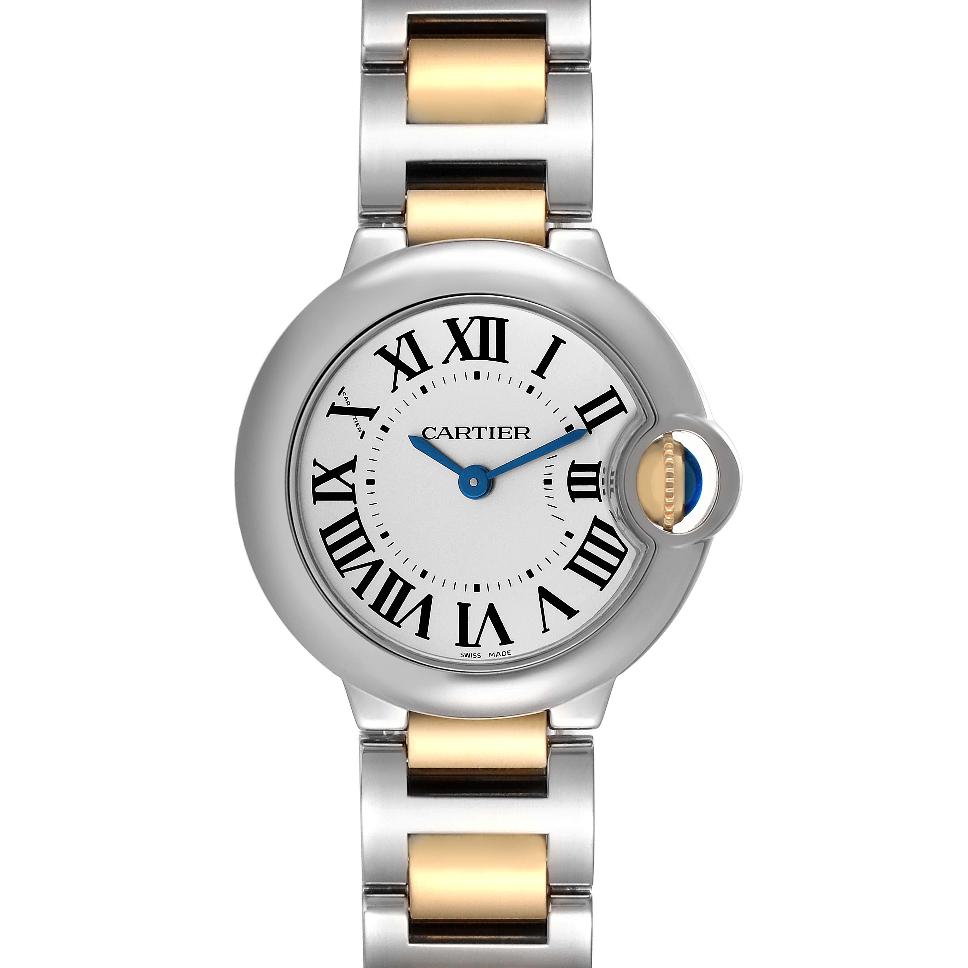 This Cartier Ballon Bleu W69007Z3 Women's Steel and Gold (two tone) Silver Dial W69007Z3 Women's Steel and Gold (two tone) Silver Dial watch is shown from the front angle, displaying its round dial and two-tone metal bracelet.