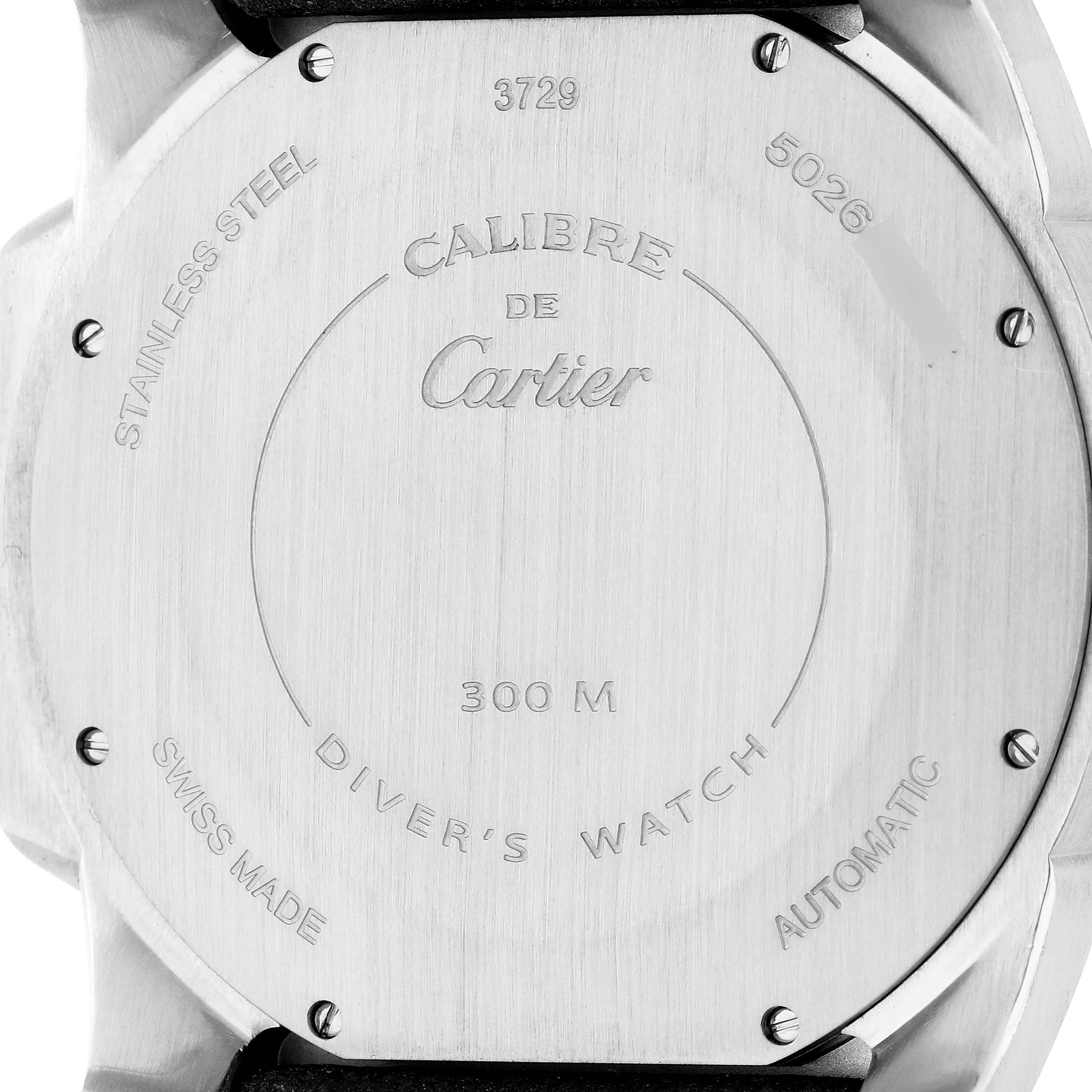 This image shows the back case of a Calibre de Cartier watch by Cartier, highlighting details such as water resistance, material, and inscriptions.