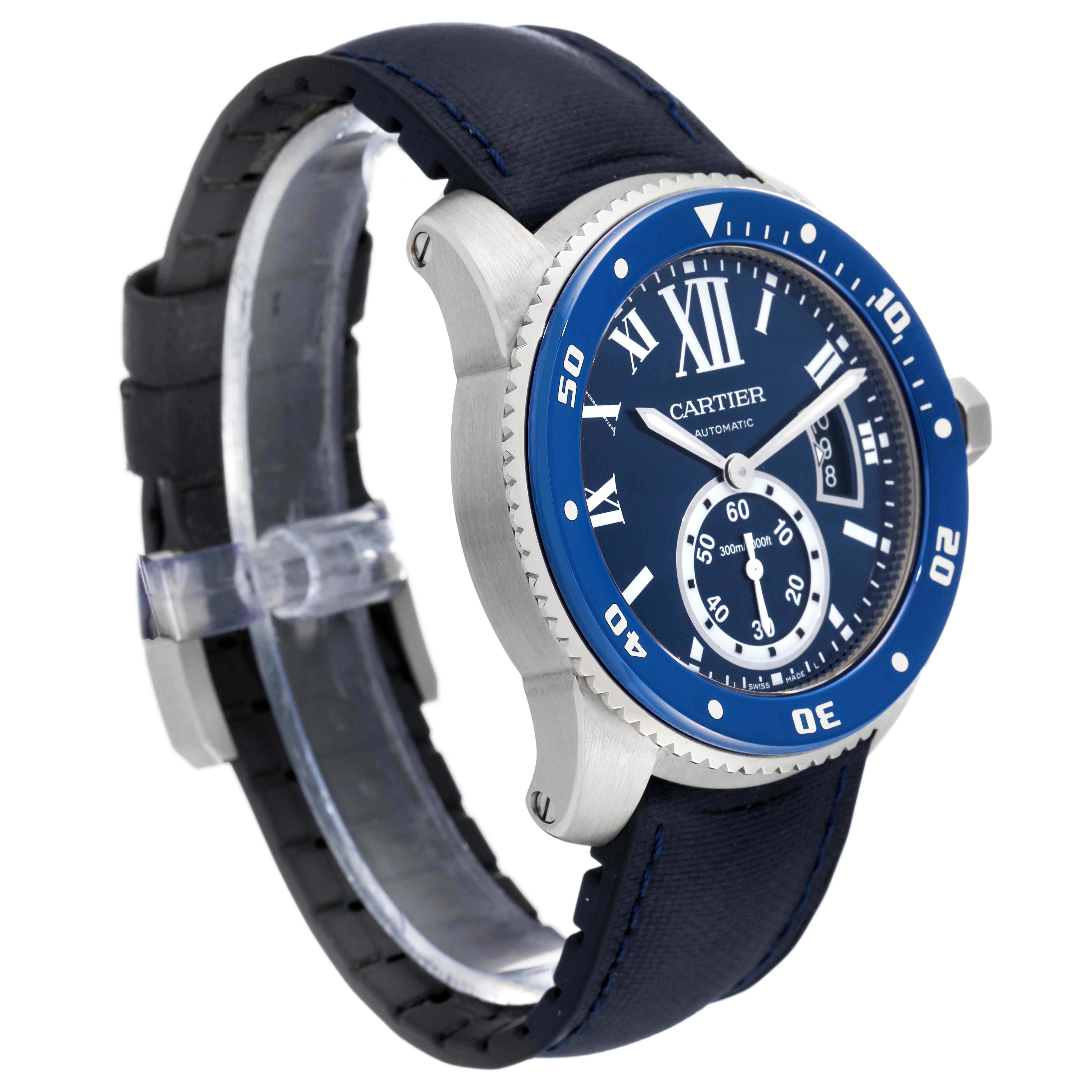 The image shows a side view of the Cartier Calibre de Cartier WSCA0010 Men's Stainless Steel Blue Dial WSCA0010 Men's Stainless Steel Blue Dial watch, highlighting its blue dial, bezel, and strap.