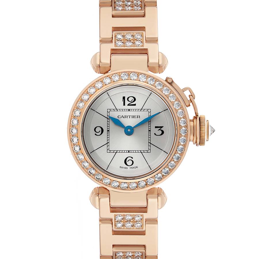 The Cartier Pasha WJ124019 Women's Rose Gold Silver Dial watch is shown from the front, highlighting its diamond-studded bezel, bracelet, and blue hands.