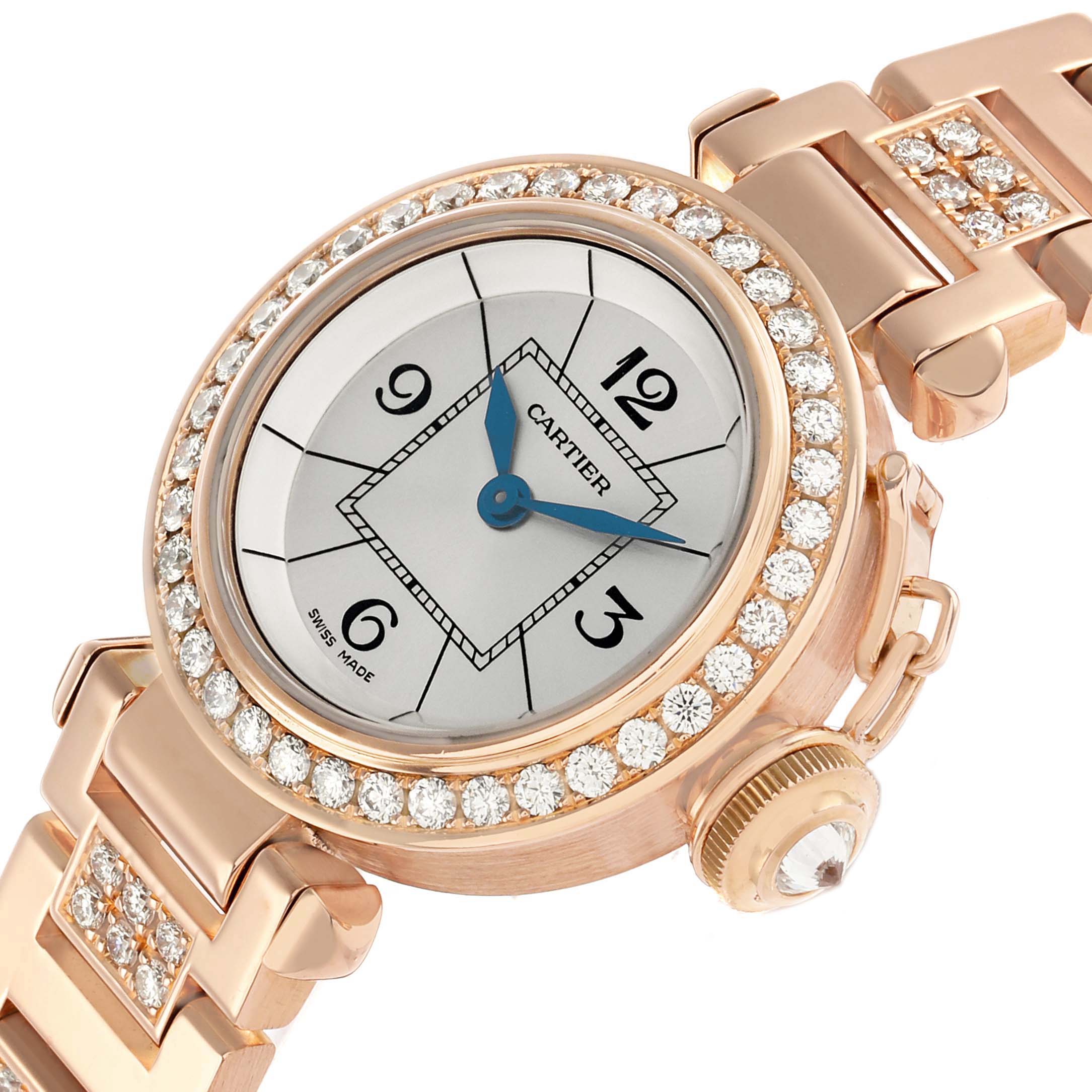 The Cartier Pasha WJ124019 Women's Rose Gold Silver Dial watch is shown from a side angle, highlighting the diamond-encrusted bezel, dial, and bracelet.