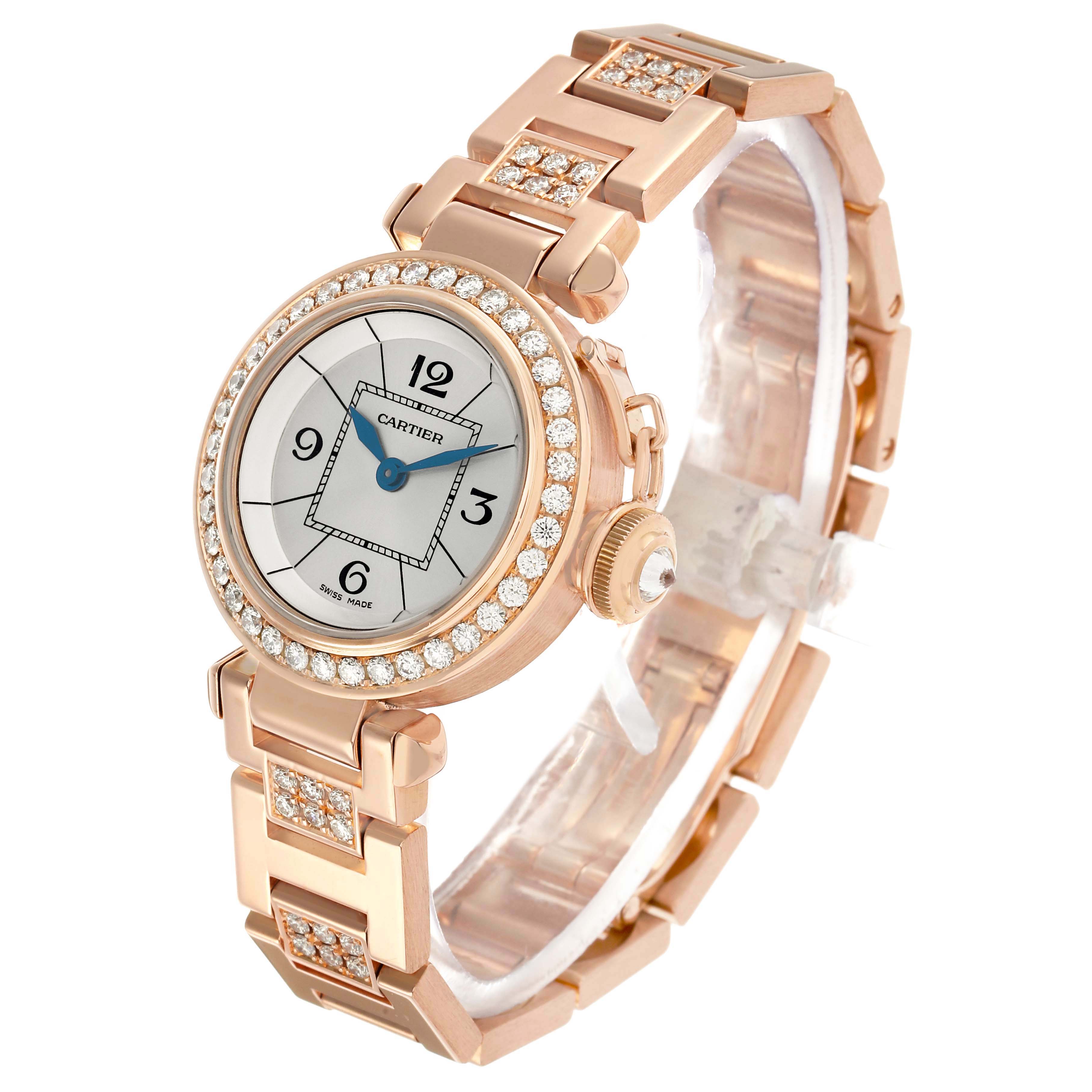 The Cartier Pasha WJ124019 Women's Rose Gold Silver Dial watch is shown at a three-quarter angle, displaying the face, bezel, bracelet, and crown.