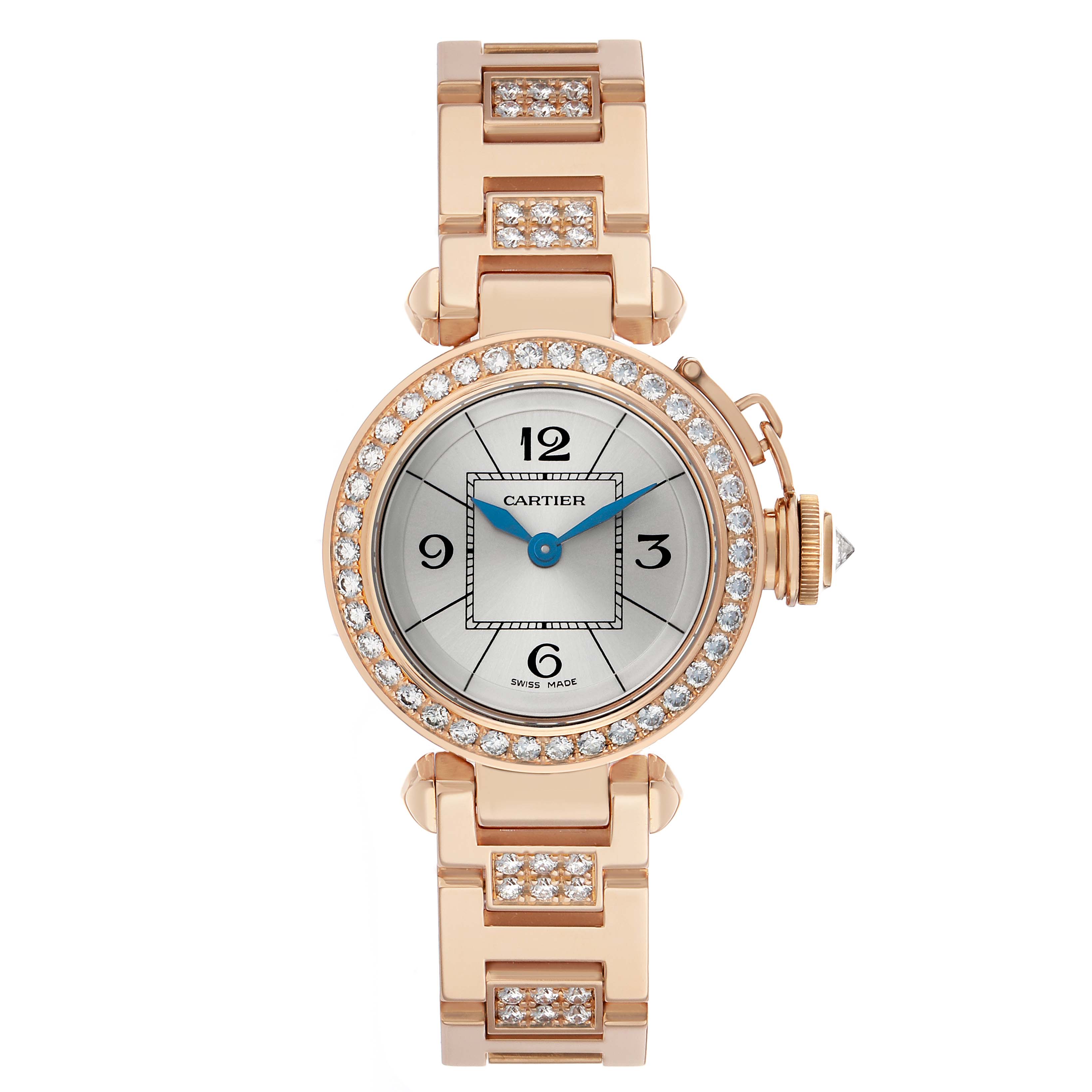 The Cartier Pasha WJ124019 Women's Rose Gold Silver Dial watch is shown from a top-down angle, highlighting the diamond-studded bezel and bracelet.