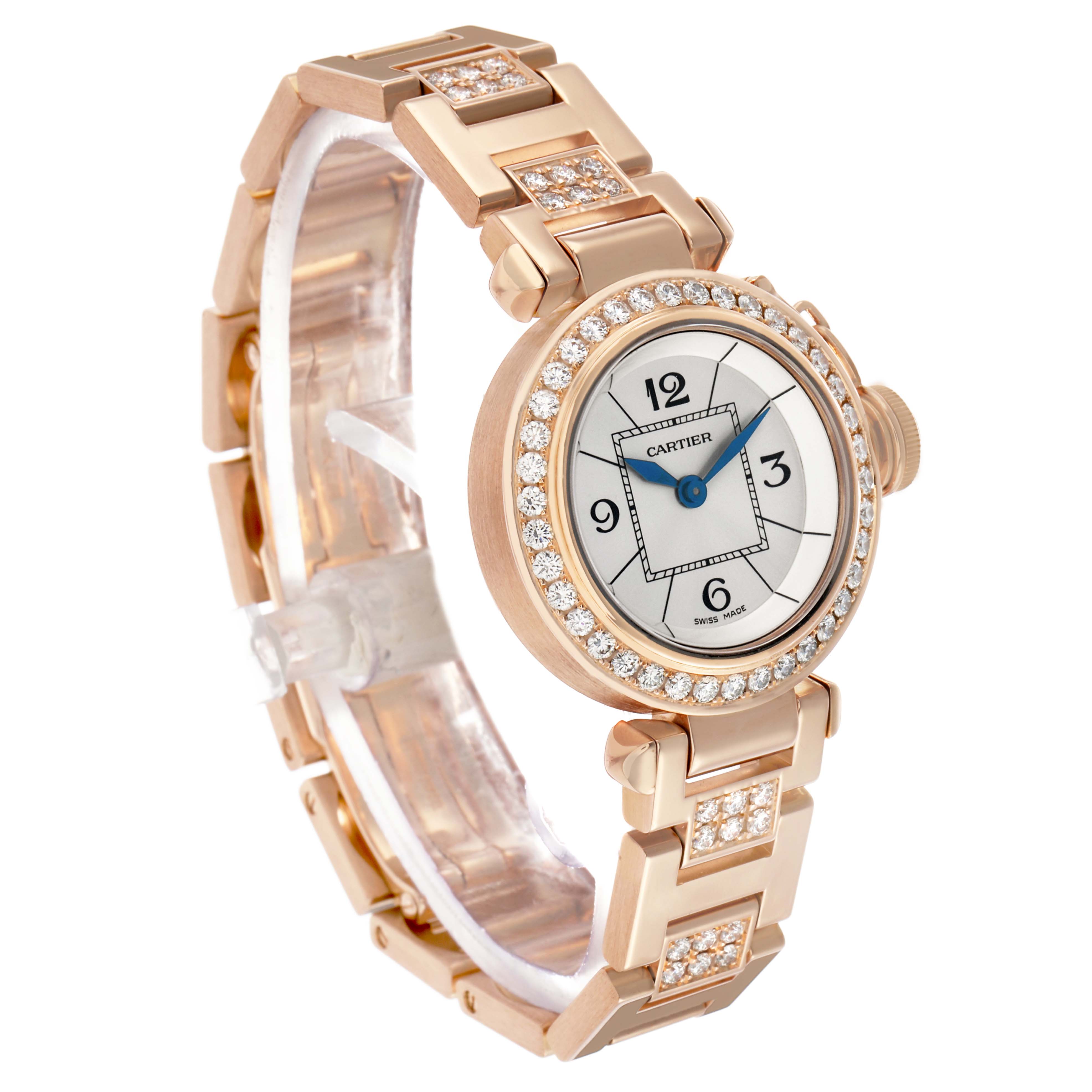 The Cartier Pasha WJ124019 Women's Rose Gold Silver Dial watch is shown at a slight side angle, displaying the diamond-encrusted bezel, dial, and bracelet.