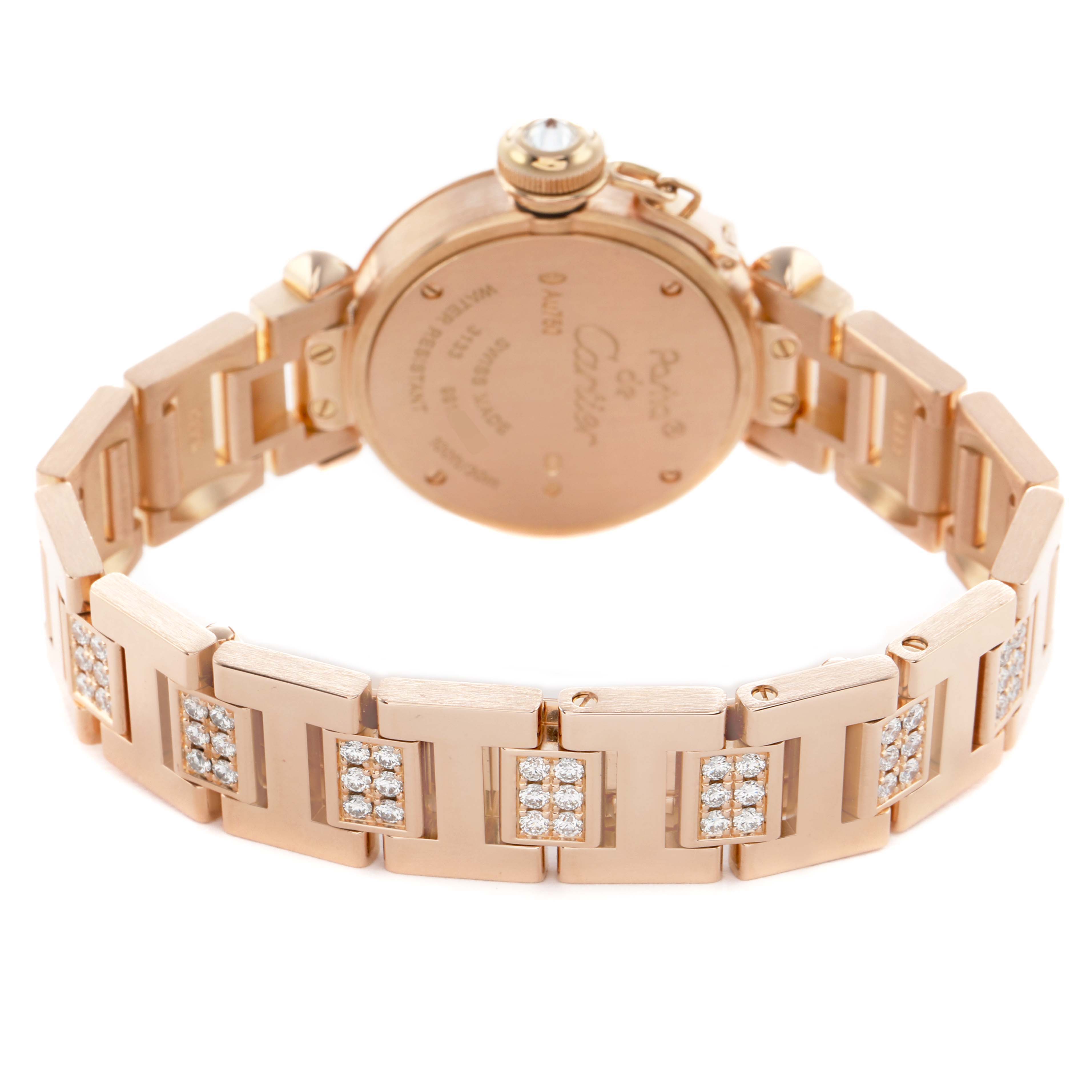 The image shows the back and bracelet of the Cartier Pasha WJ124019 Women's Rose Gold Silver Dial watch, featuring a rose gold finish with diamond accents.