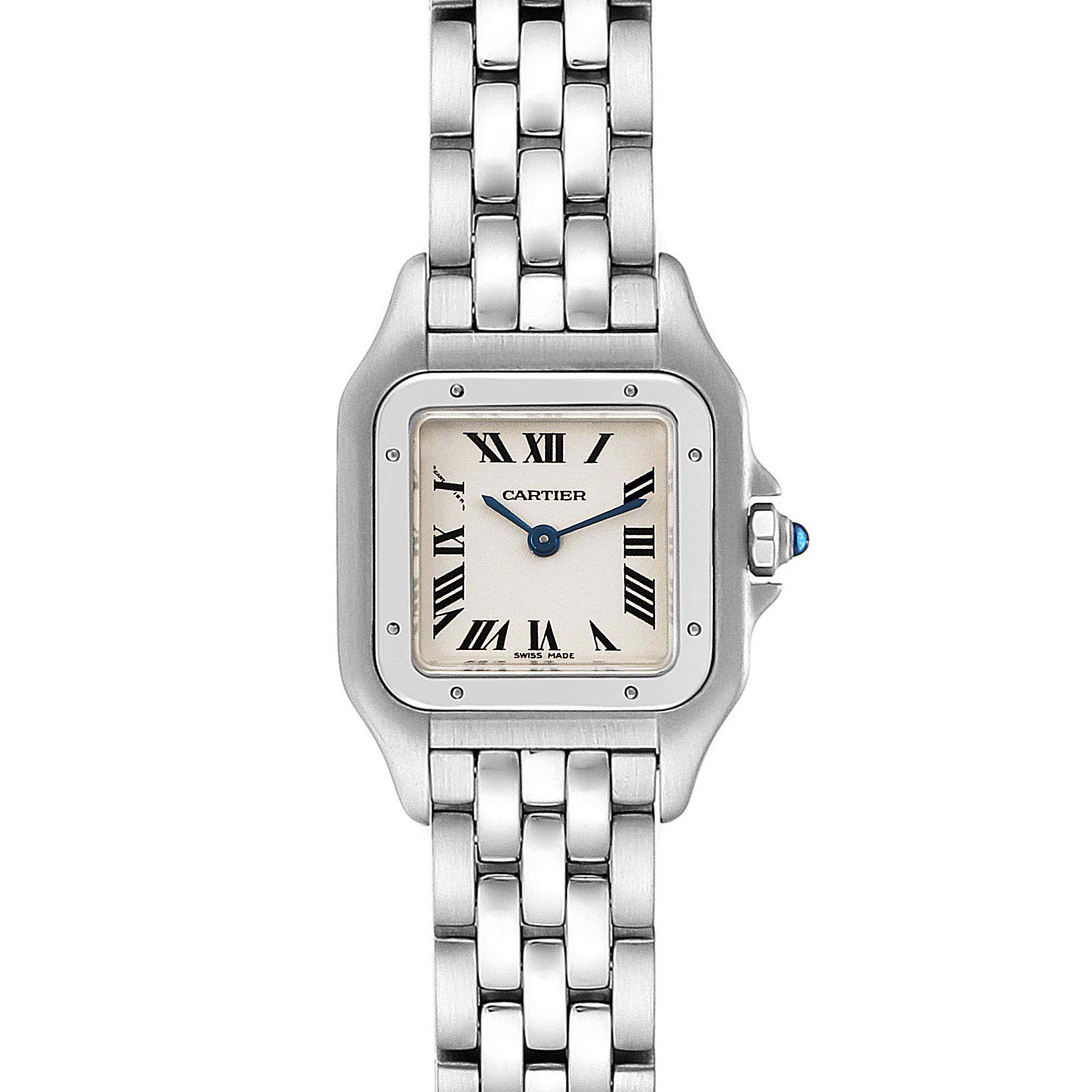 The image shows a front view of a Panthere model watch by Cartier, highlighting the bracelet and square face.