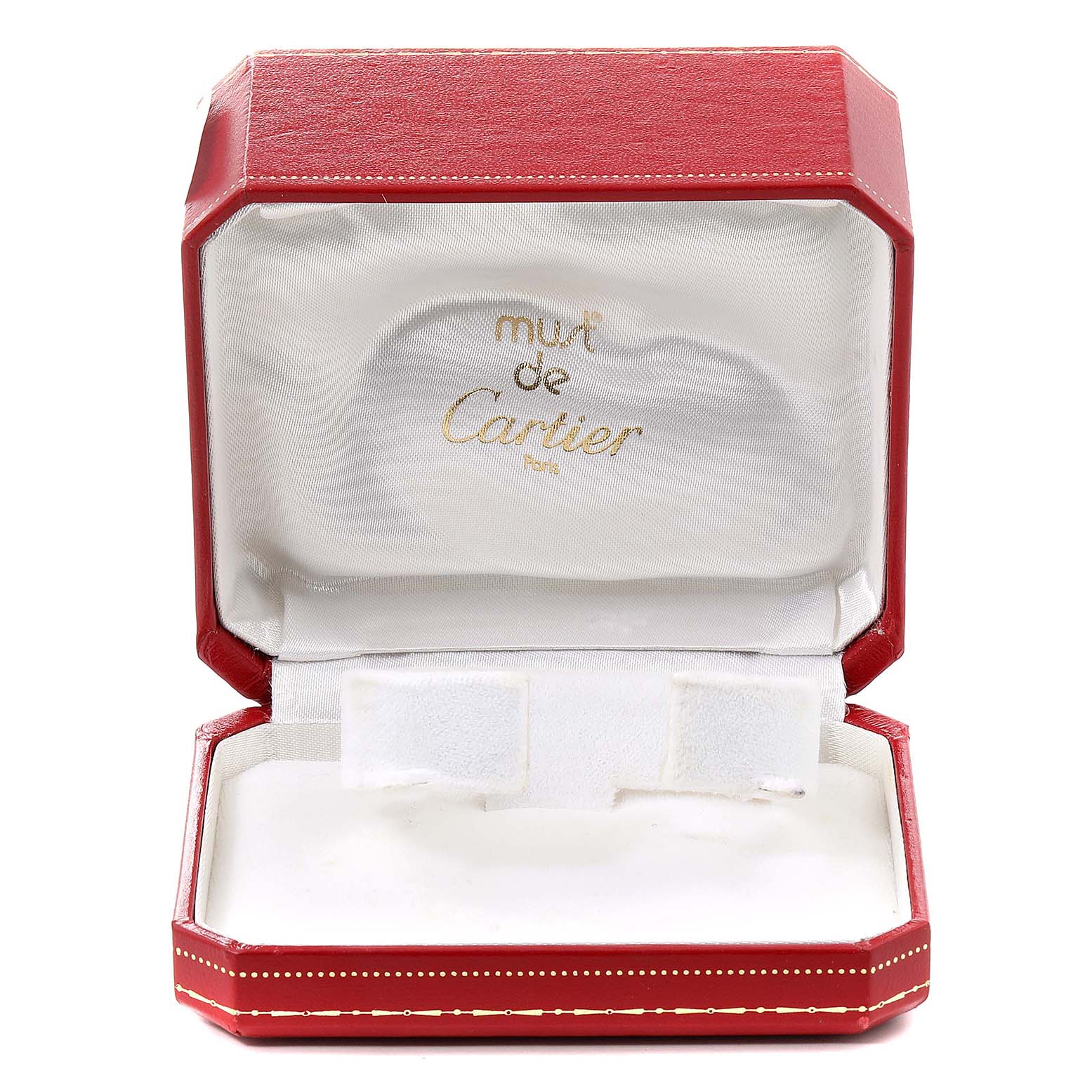 This image shows an open Cartier Panthere W25033P5 Women
s Stainless Steel Silver Dial W25033P5 Women
s Stainless Steel Silver Dial watch box in a front angle view.