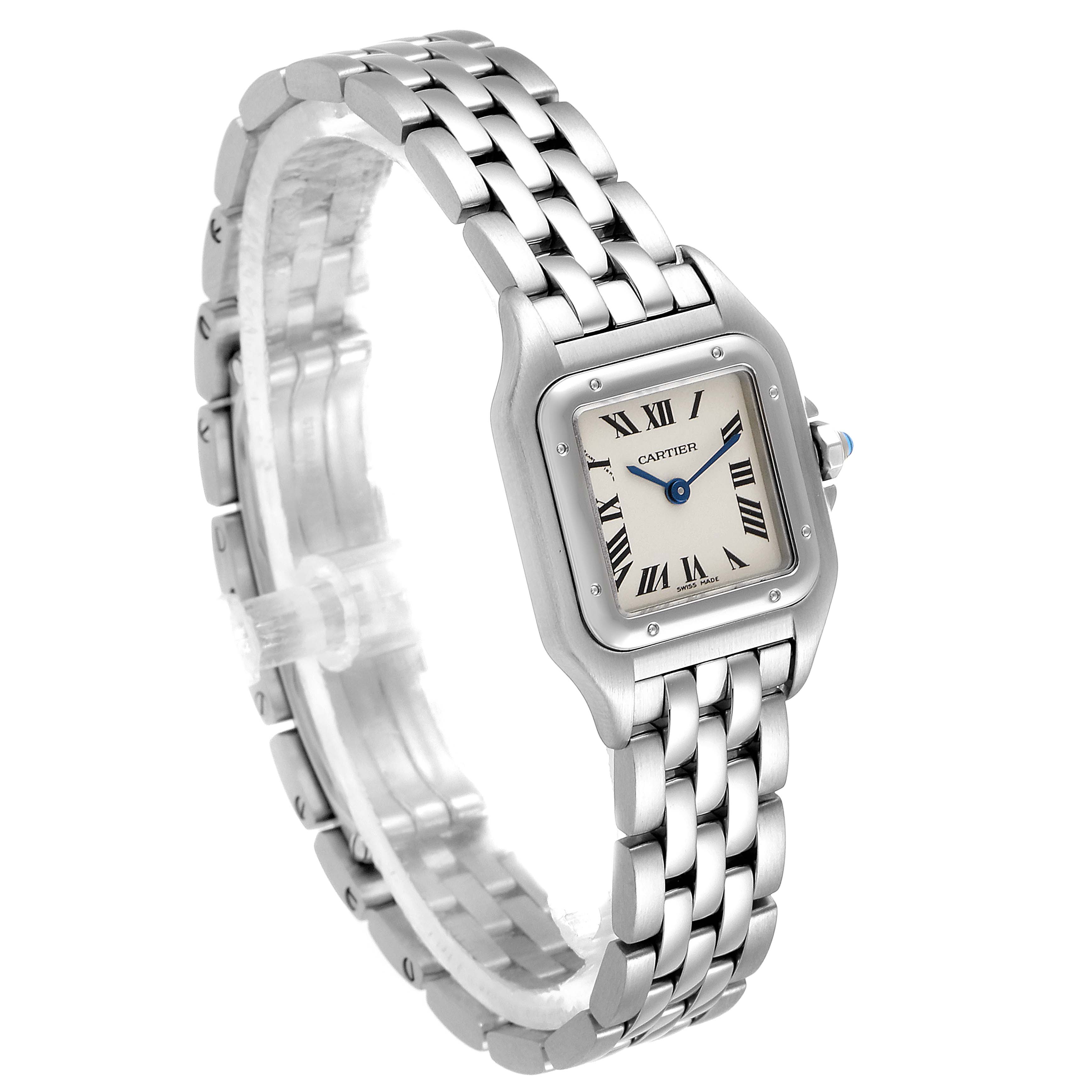 This Cartier Panthere W25033P5 Women
s Stainless Steel Silver Dial W25033P5 Women
s Stainless Steel Silver Dial watch is shown at a slight angle, highlighting the face, bracelet, and crown.