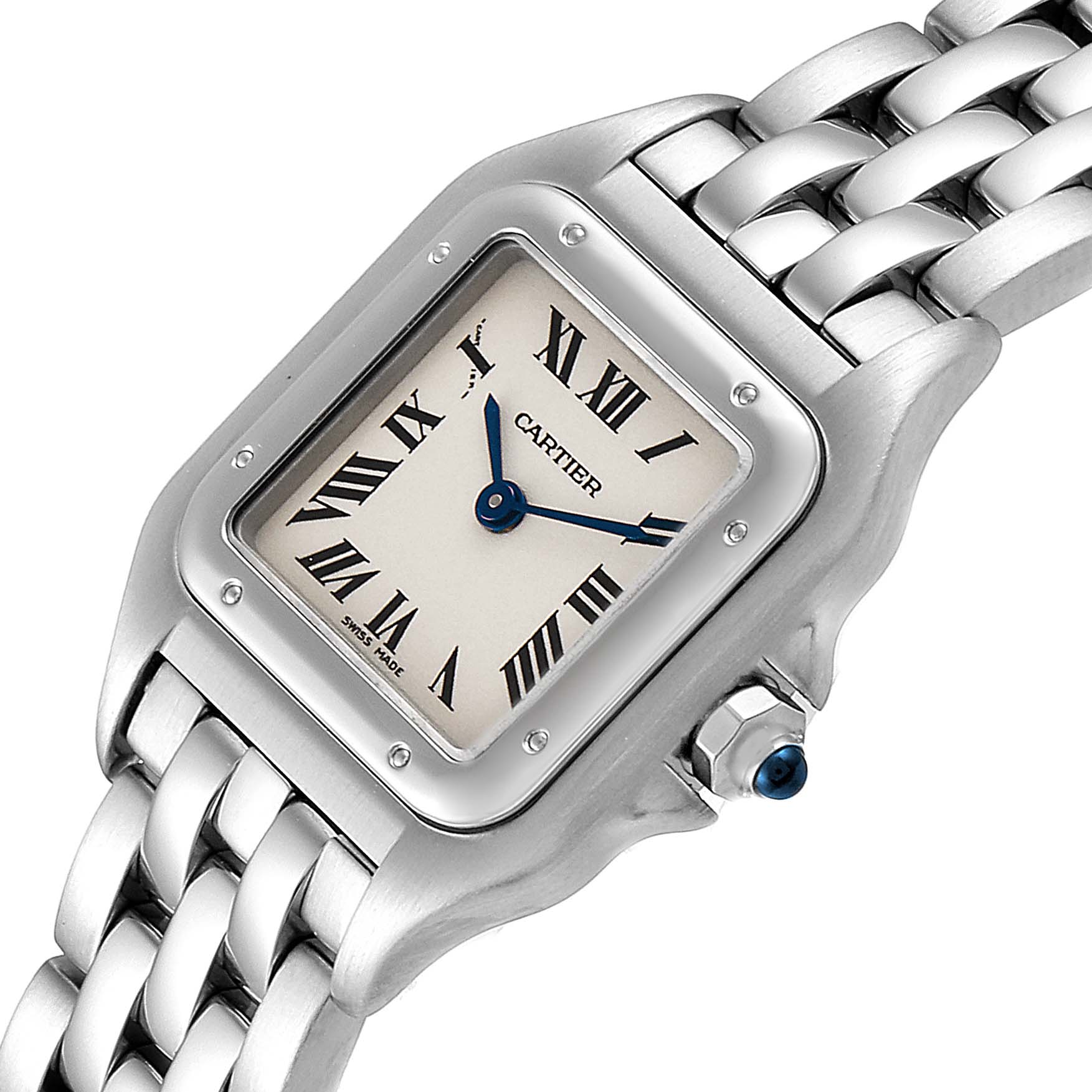 The image shows a close-up view of the Panthere model by Cartier, focusing on the watch face, bezel, and part of the bracelet.
