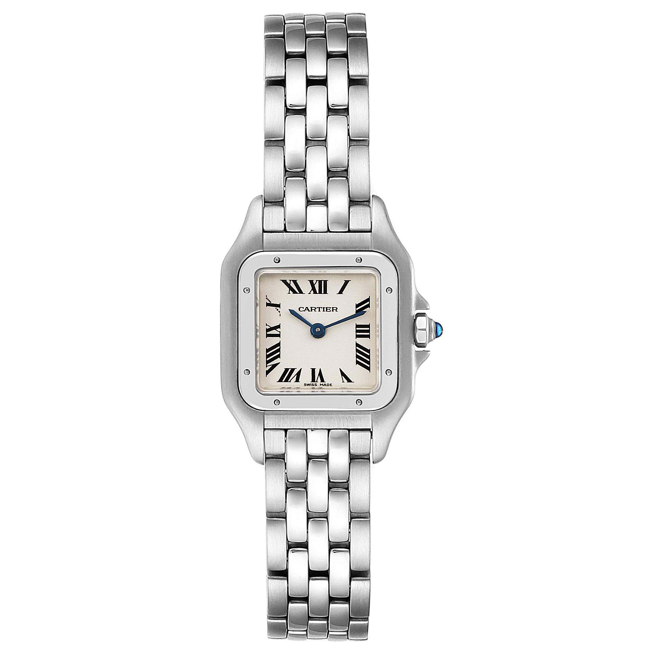The Panthere de Cartier watch is shown from the front, displaying the face, Roman numerals, and metal bracelet.