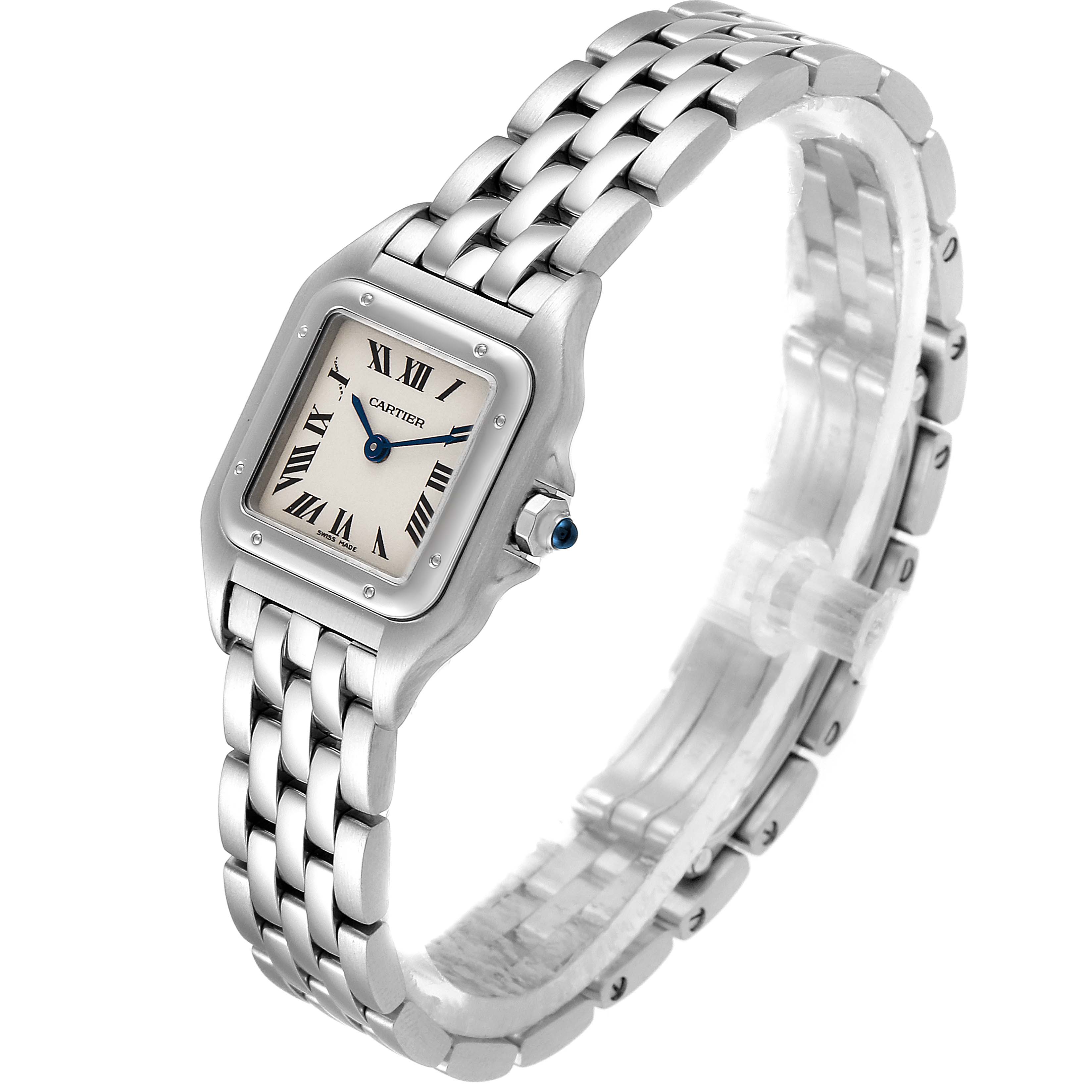 The Panthere de Cartier watch is shown in a three-quarter view, displaying its dial, crown, case, and bracelet.