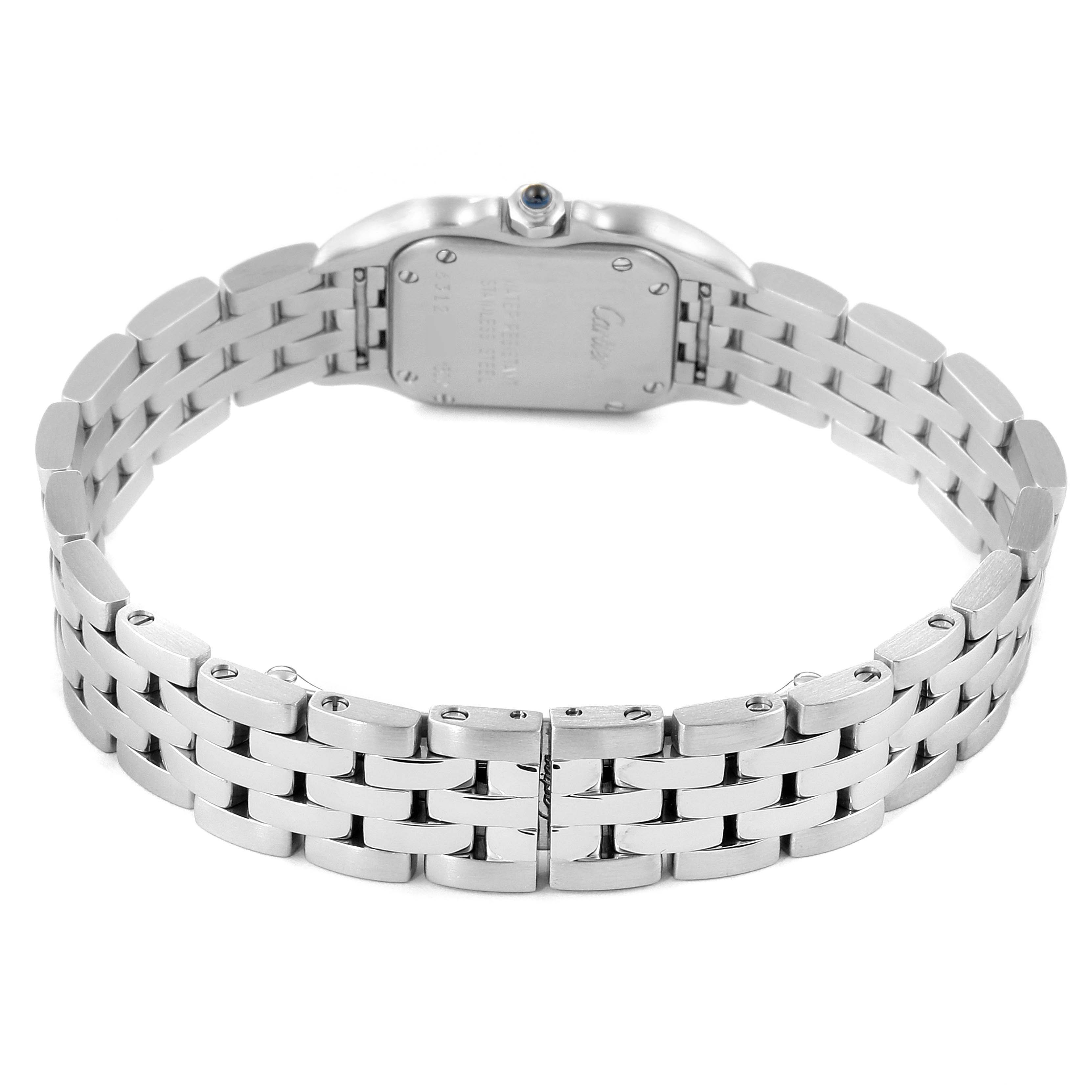 The image shows the back side of a Panthere de Cartier watch, highlighting its case back and metal bracelet.