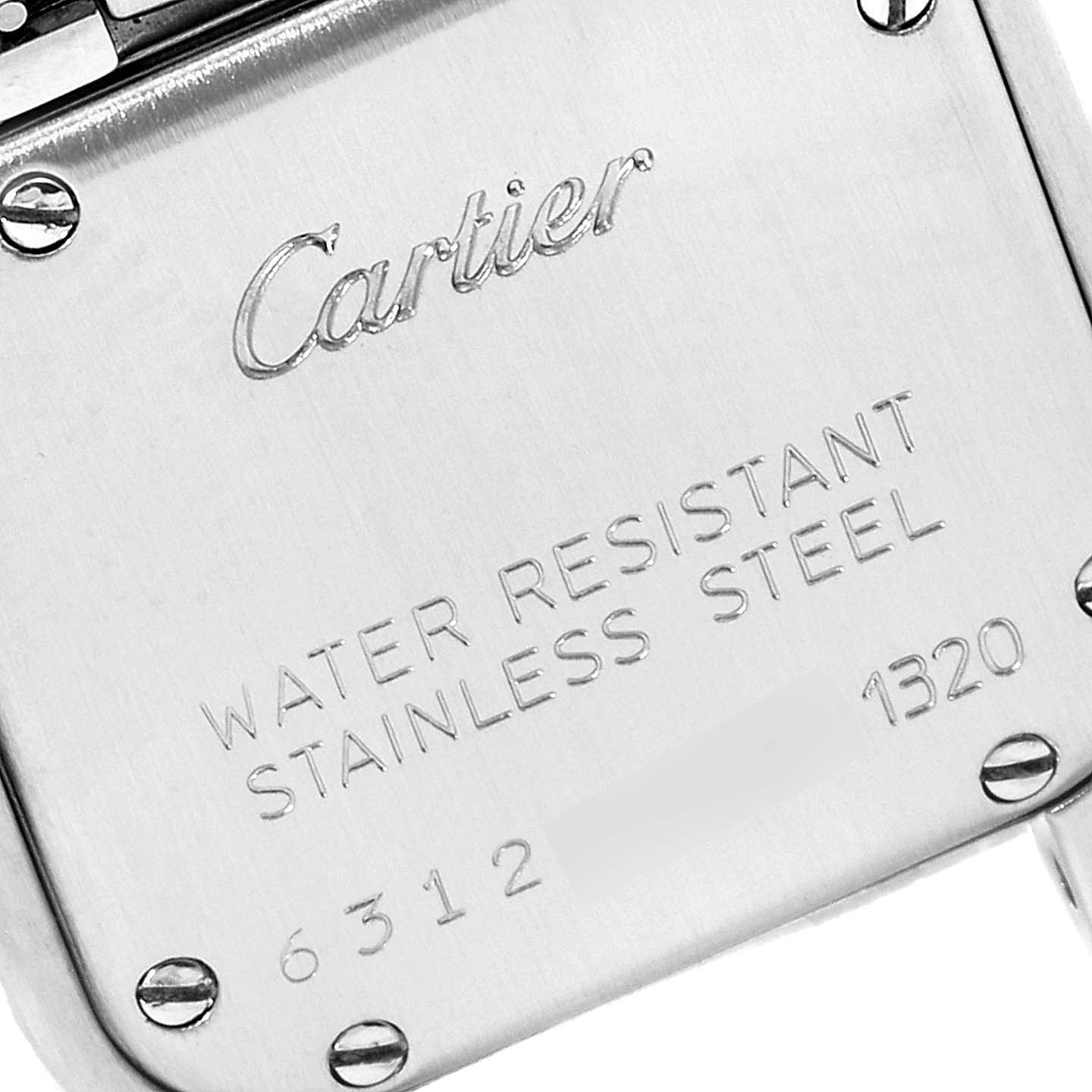 Close-up view of the back case of a Cartier Panthere W25033P5 Women
s Stainless Steel Silver Dial W25033P5 Women
s Stainless Steel Silver Dial watch, showing engravings and screws.