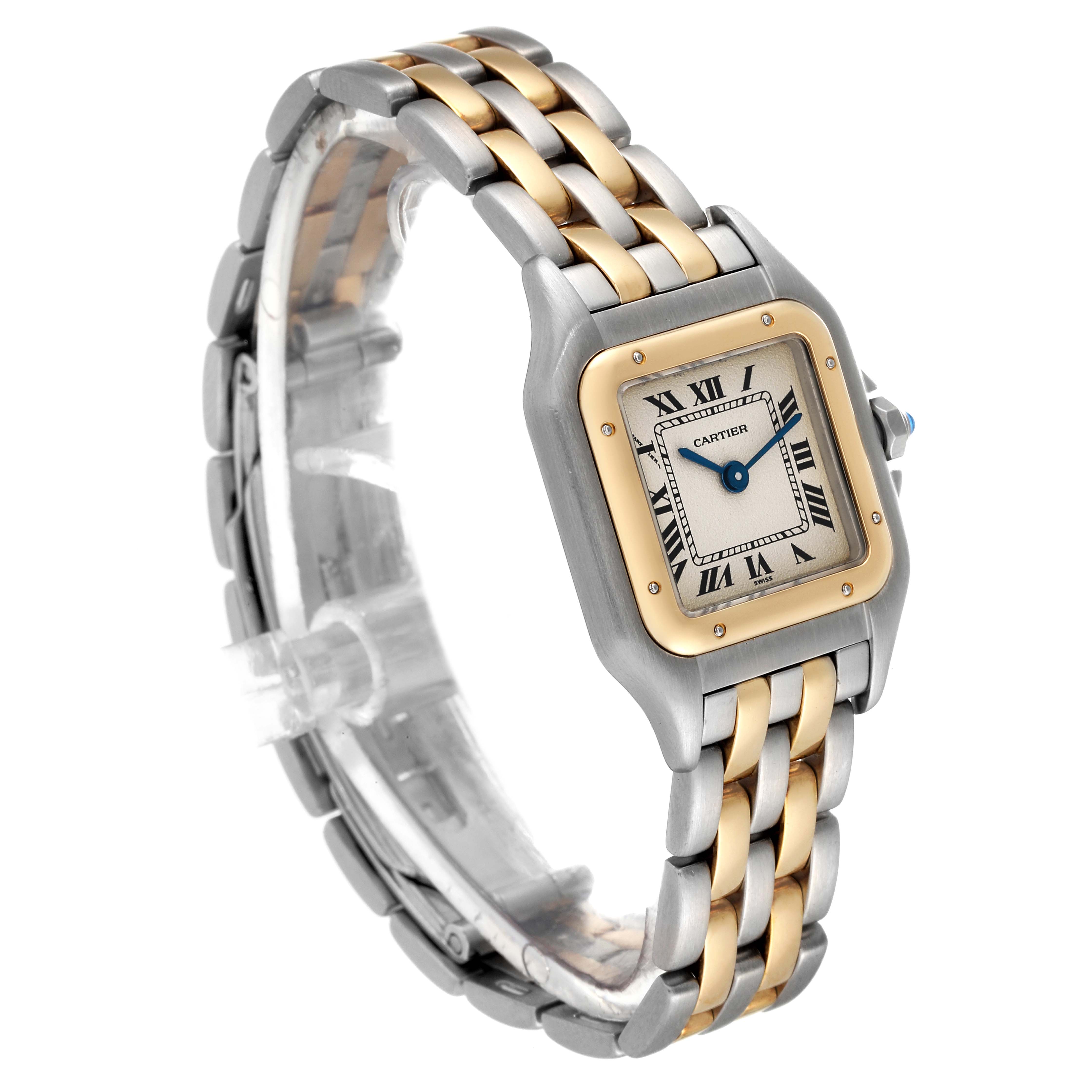 The image shows a Cartier Panthere W25029B6 Women's Steel and Gold (two tone) Silver Dial W25029B6 Women's Steel and Gold (two tone) Silver Dial watch angled to display the face, bezel, and two-tone metal bracelet.