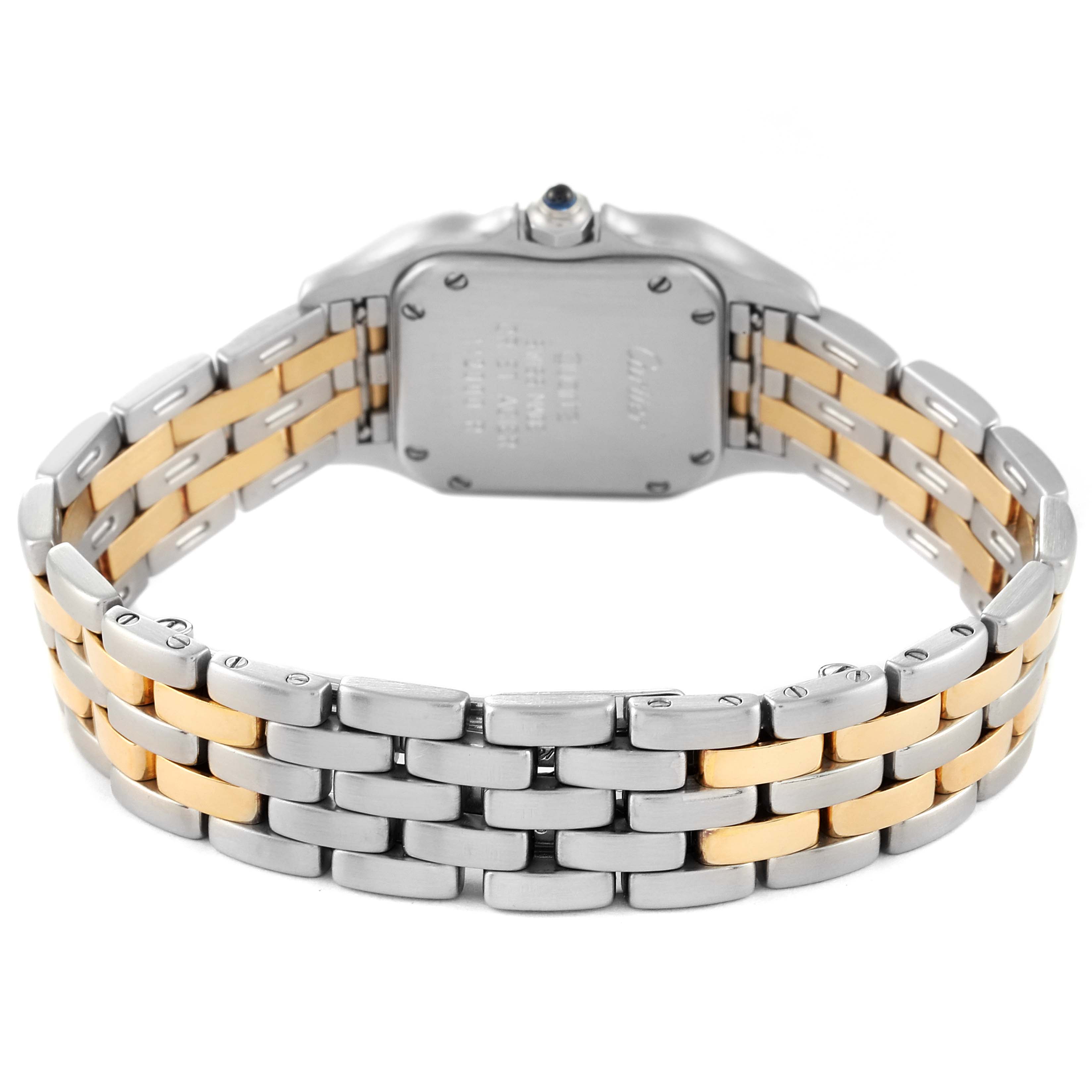 The image shows the back case and two-tone bracelet of a Cartier Panthere W25029B6 Women's Steel and Gold (two tone) Silver Dial W25029B6 Women's Steel and Gold (two tone) Silver Dial watch from a rear angle.