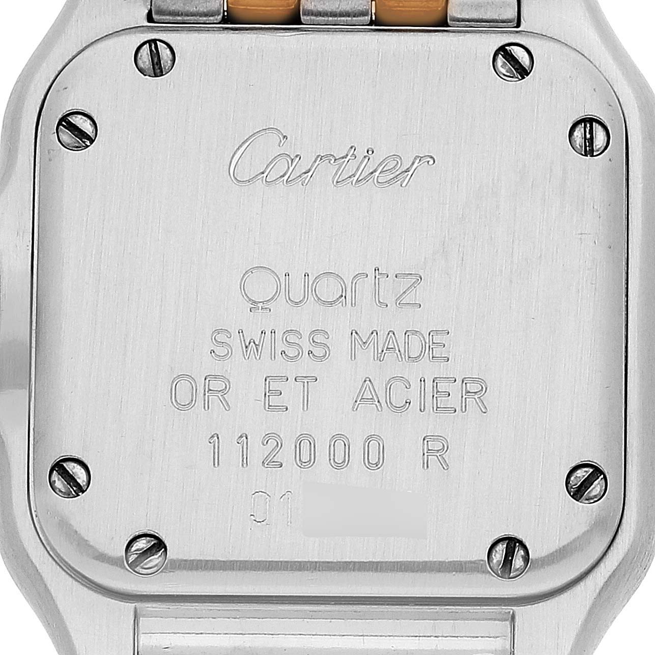 The image shows the back case of a Cartier Panthère model watch, highlighting its branding and specifications.