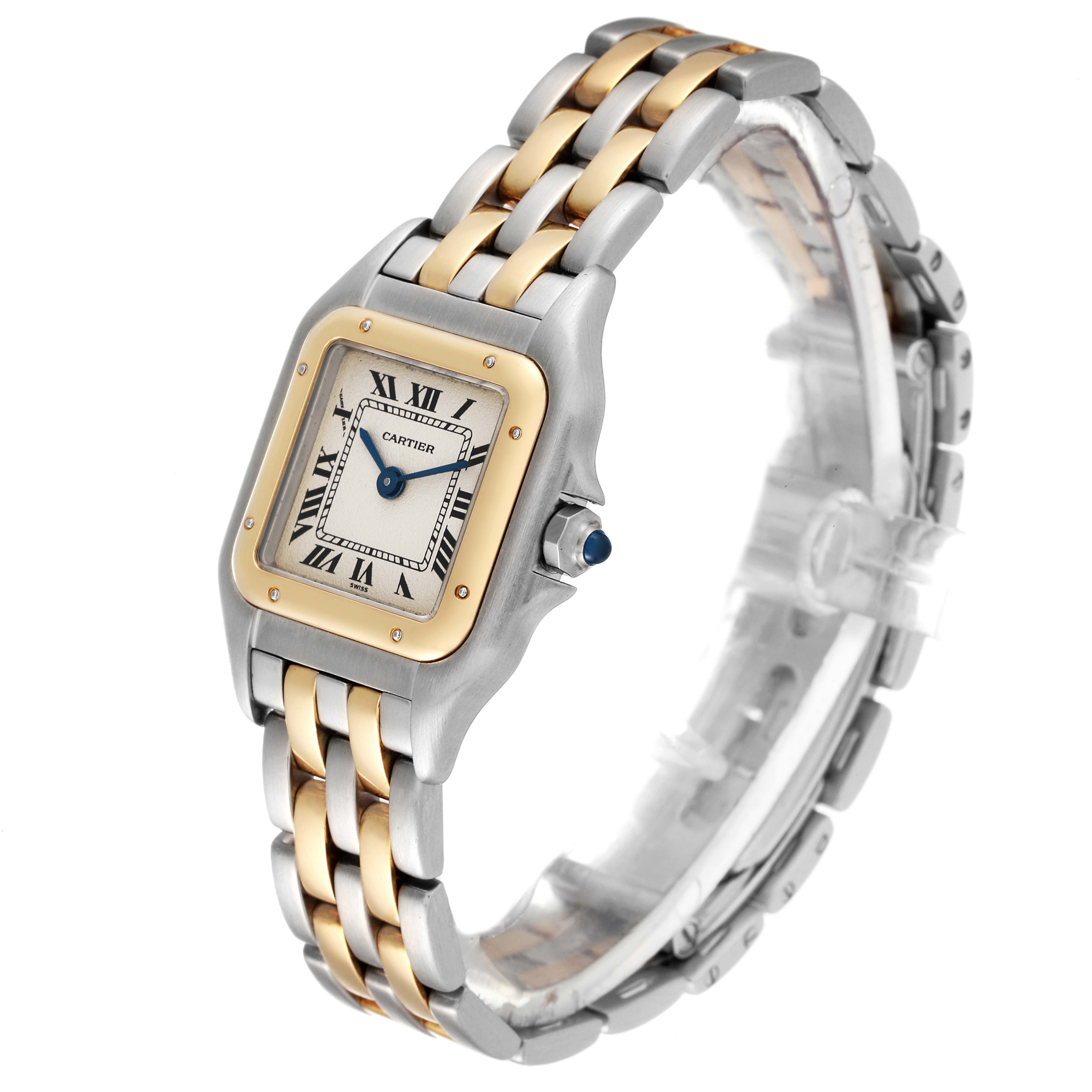 The Cartier Panthere W25029B6 Women's Steel and Gold (two tone) Silver Dial W25029B6 Women's Steel and Gold (two tone) Silver Dial watch is shown at a three-quarter angle, displaying the bracelet, case, and dial with Roman numerals.