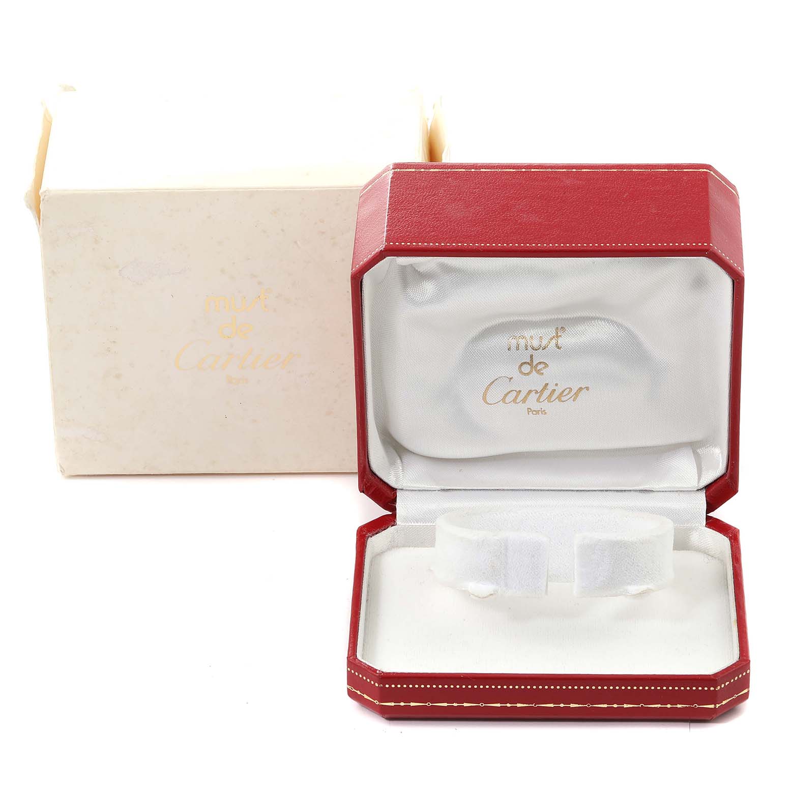 The image shows the opened packaging of a Cartier Panthere W25029B6 Women's Steel and Gold (two tone) Silver Dial W25029B6 Women's Steel and Gold (two tone) Silver Dial watch, including a red box and beige outer case.