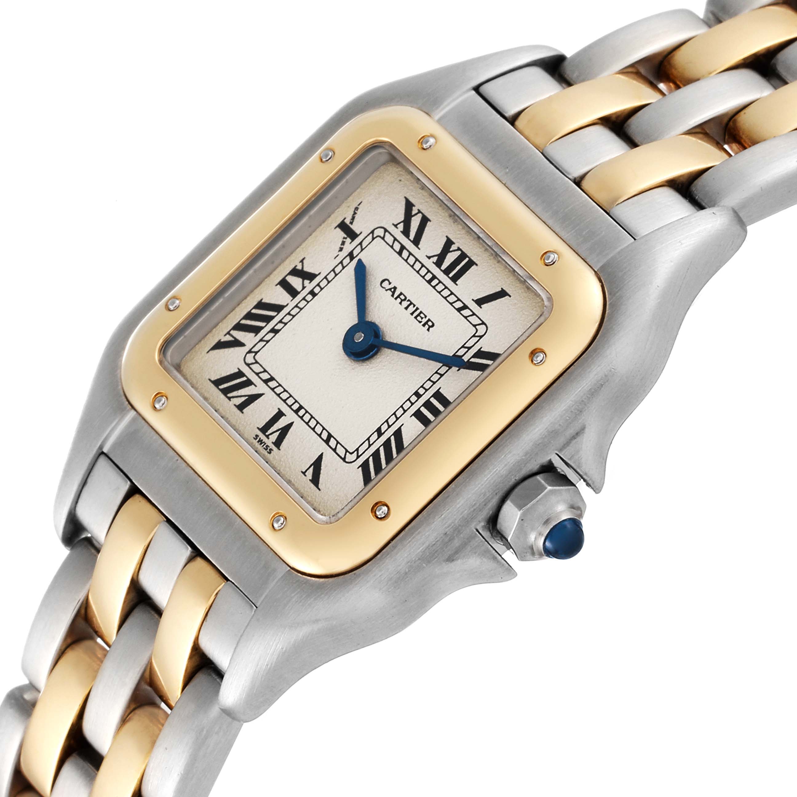 The image shows a close-up view of the Cartier Panthere W25029B6 Women's Steel and Gold (two tone) Silver Dial W25029B6 Women's Steel and Gold (two tone) Silver Dial watch, highlighting its dial, rectangular case, and part of the bracelet.