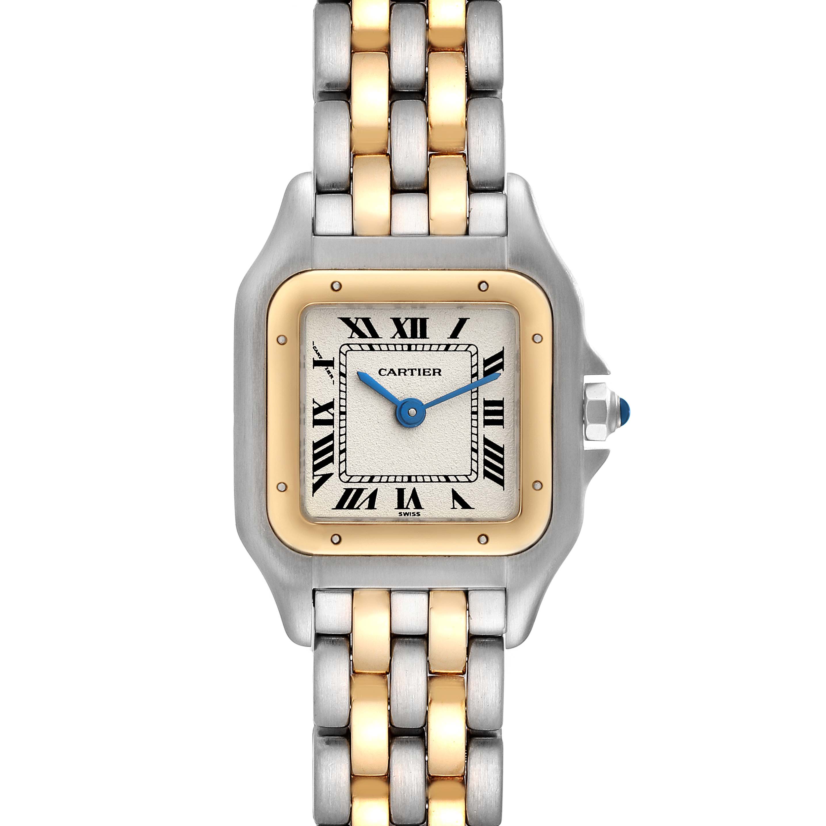 This image shows a front view of the Cartier Panthere W25029B6 Women's Steel and Gold (two tone) Silver Dial W25029B6 Women's Steel and Gold (two tone) Silver Dial watch, featuring a two-tone bracelet and a square face with Roman numerals.