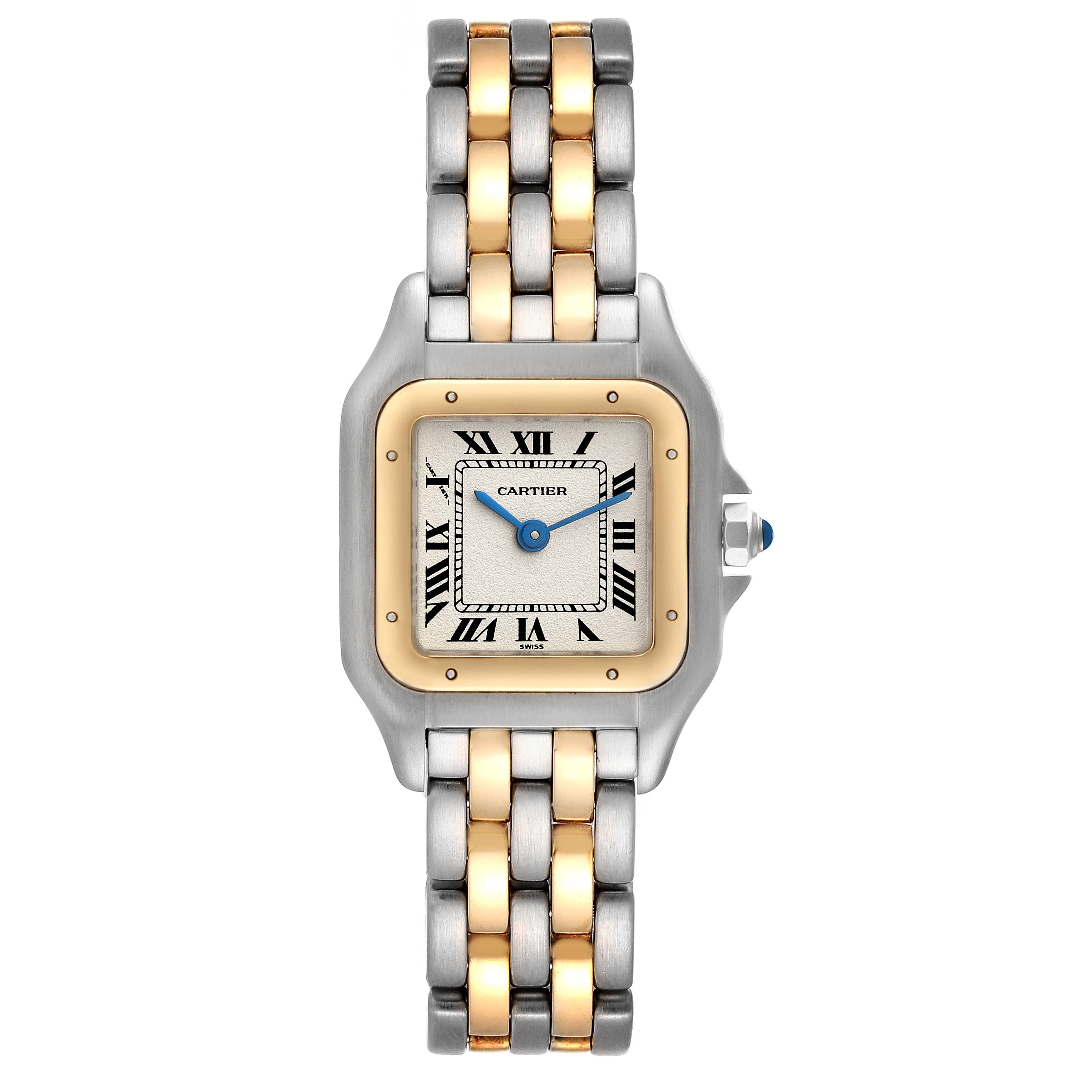 The image shows a front view of a Cartier Panthere W25029B6 Women's Steel and Gold (two tone) Silver Dial W25029B6 Women's Steel and Gold (two tone) Silver Dial watch with a two-tone metal band and a square face.
