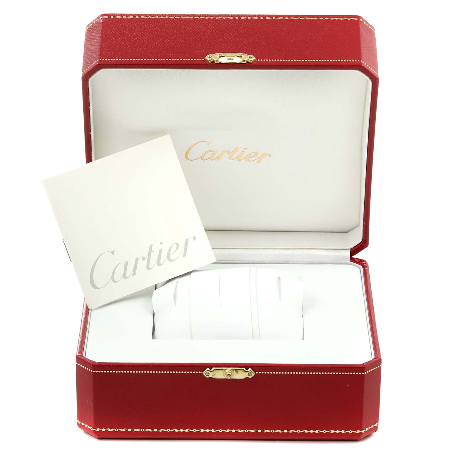 This image shows the packaging box and documentation for a Cartier Ronde 09001 Men's Yellow Gold Silver Dial 09001 Men's Yellow Gold Silver Dial watch, angled slightly from the front.
