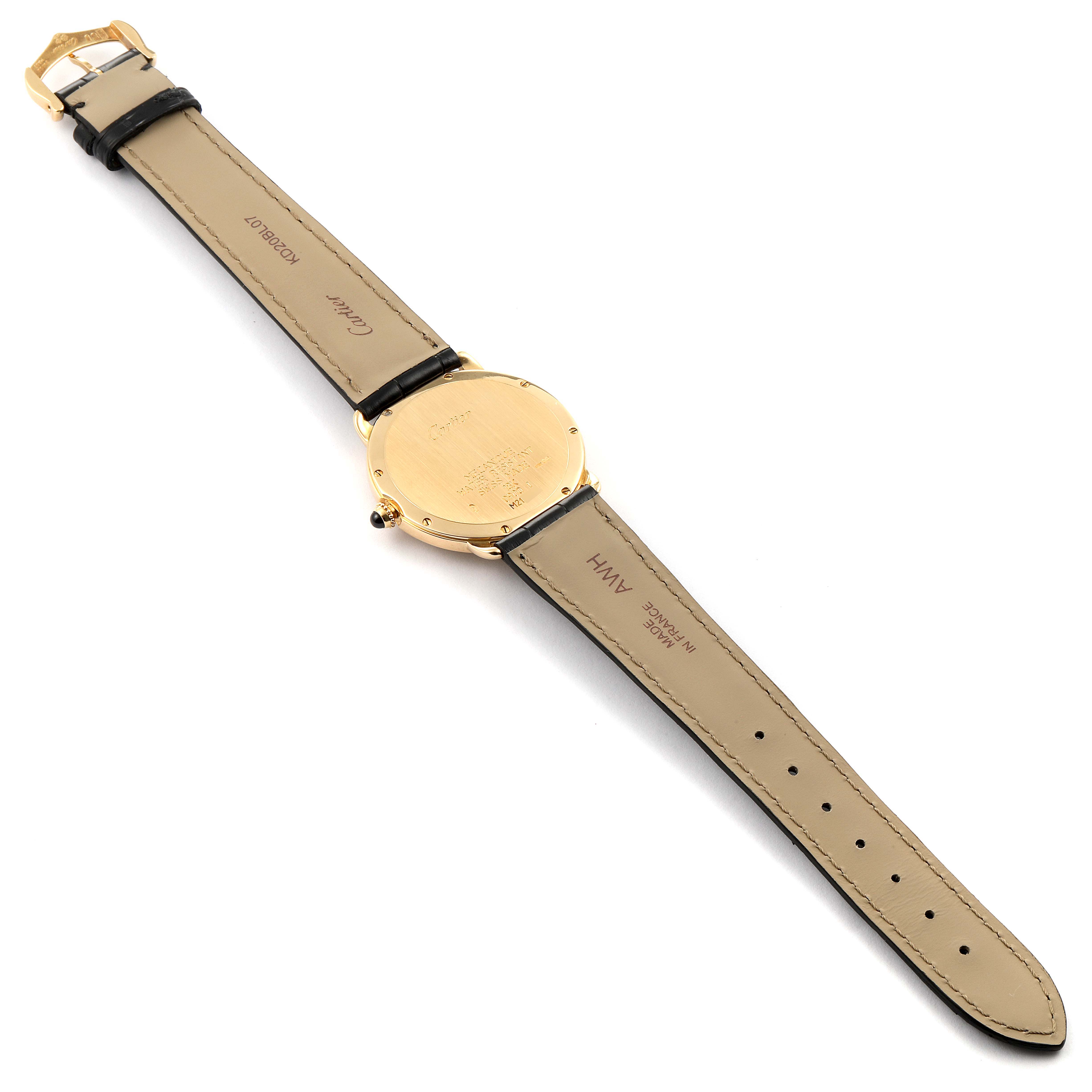 The image shows the back view of a Cartier Ronde 09001 Men's Yellow Gold Silver Dial 09001 Men's Yellow Gold Silver Dial watch, displaying its strap, case back, and buckle.