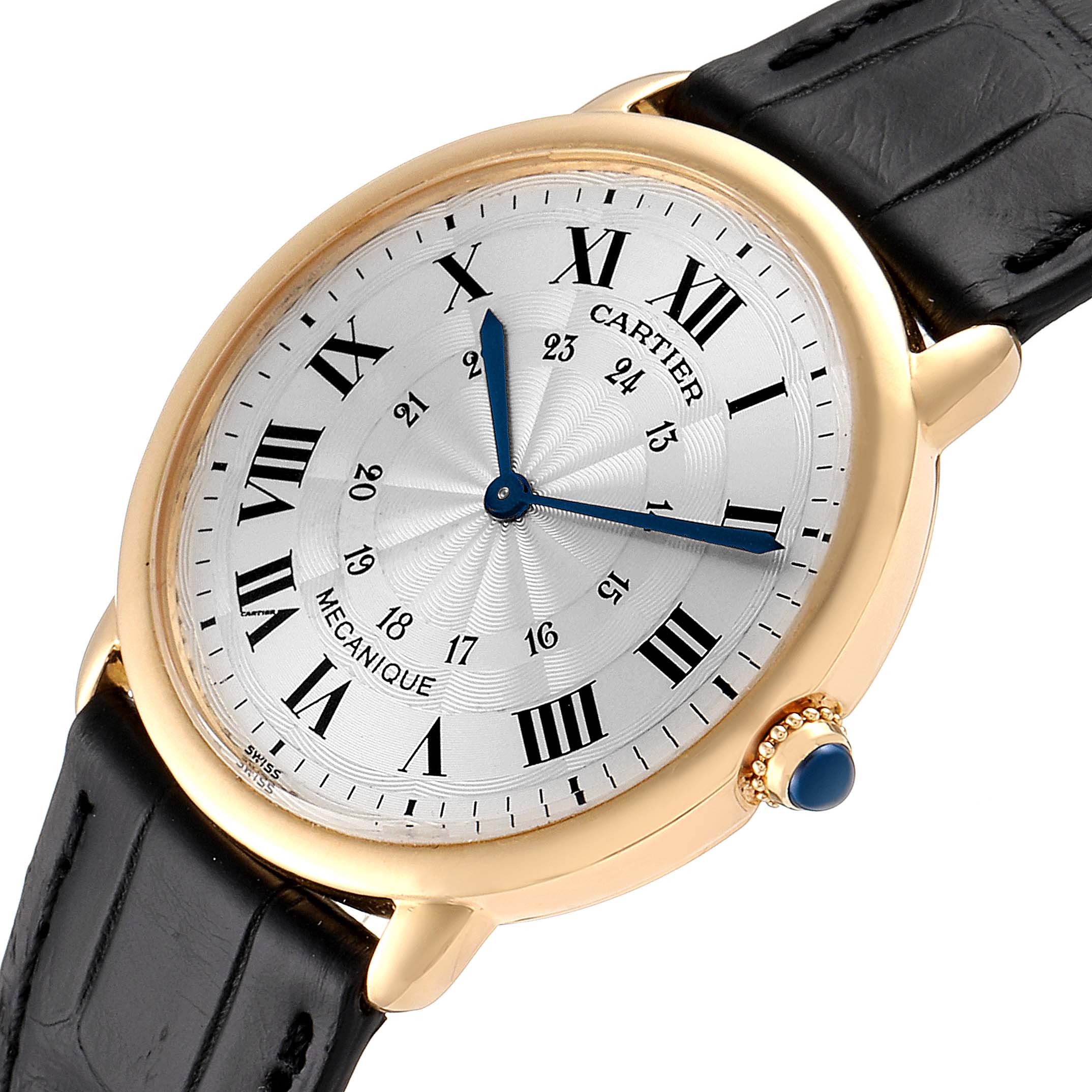 This image shows a close-up, front angle of the Cartier Ronde 09001 Men's Yellow Gold Silver Dial 09001 Men's Yellow Gold Silver Dial model watch, highlighting its dial, bezel, and black leather strap.