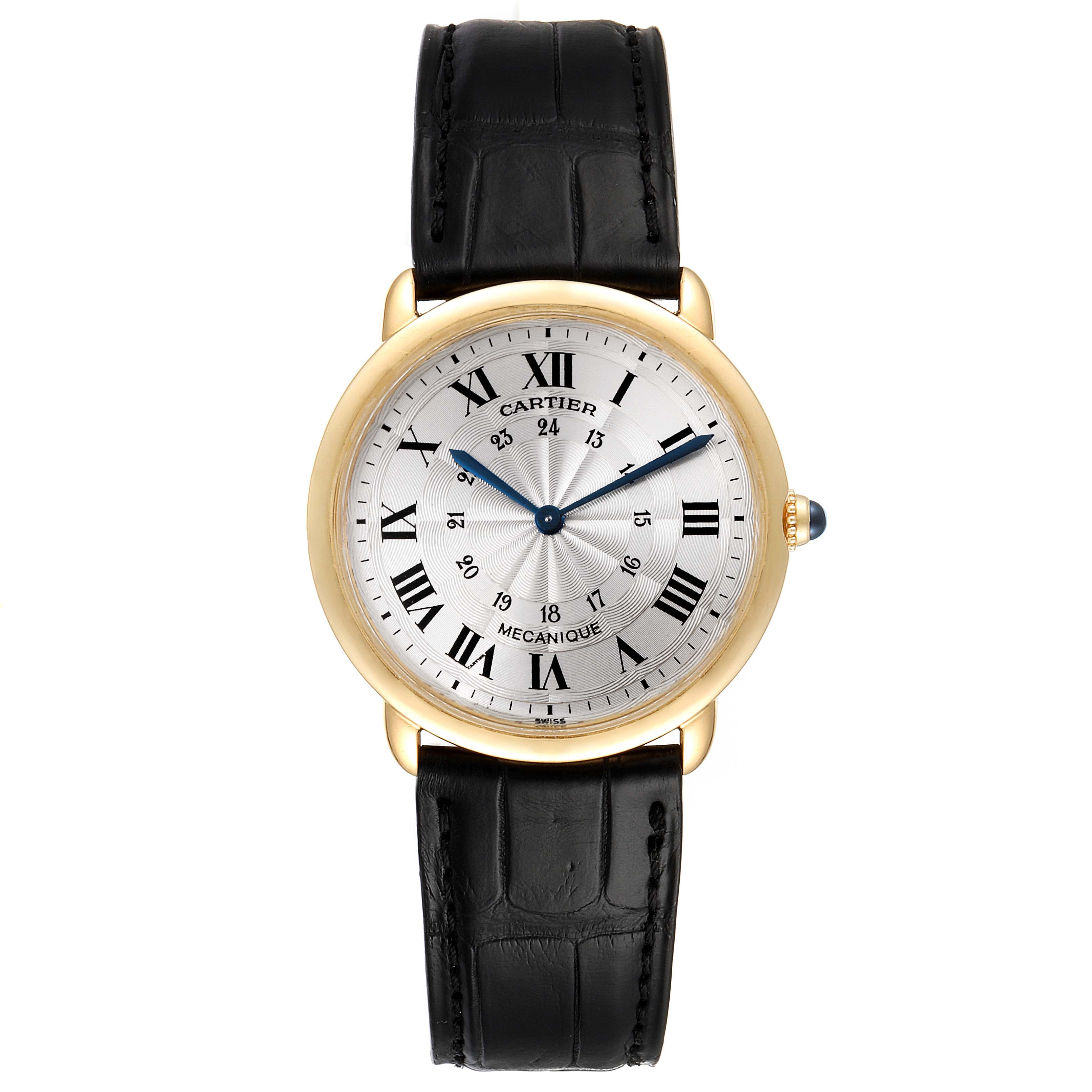 The image shows a frontal view of the Cartier Ronde 09001 Men's Yellow Gold Silver Dial 09001 Men's Yellow Gold Silver Dial watch, featuring its dial, leather strap, and gold case.