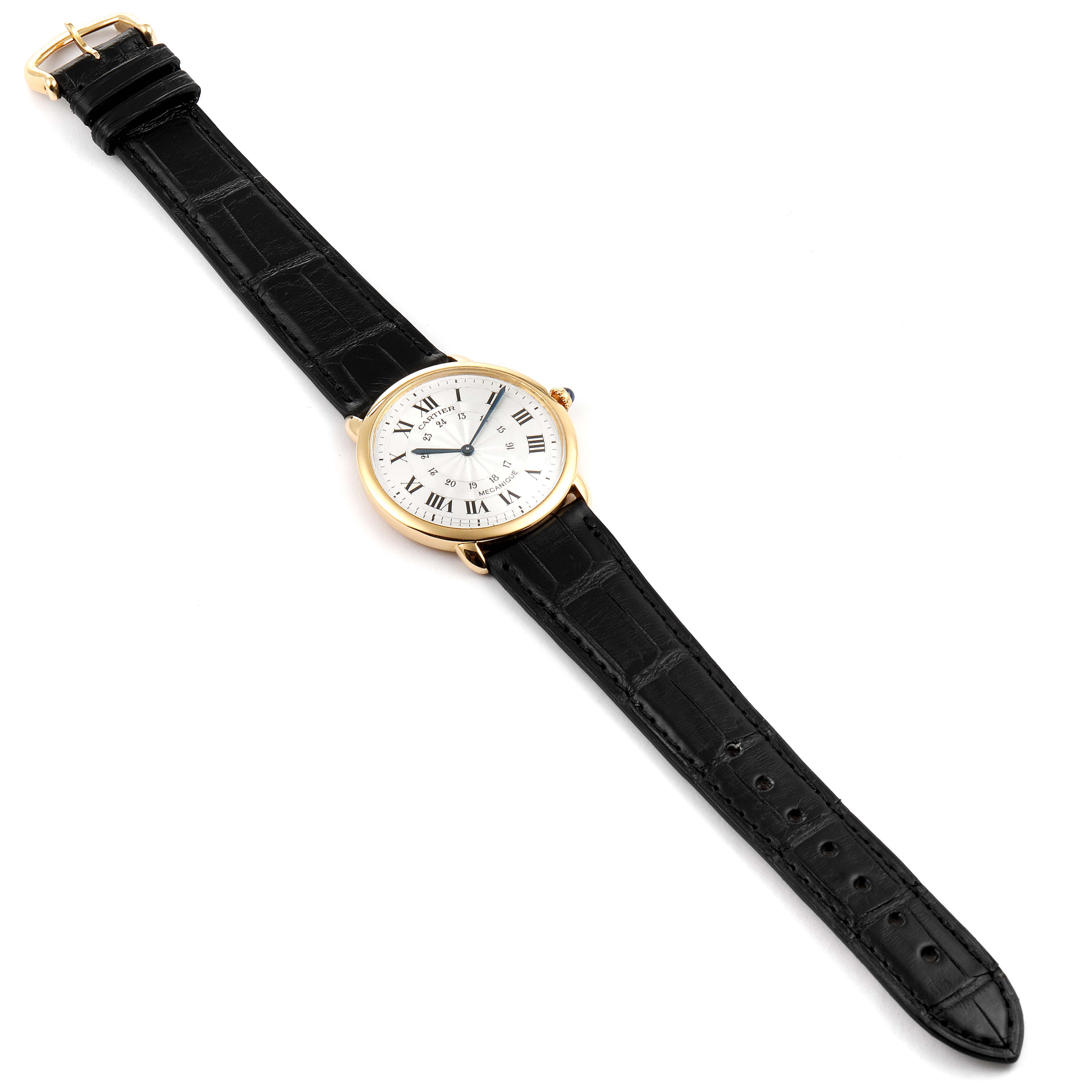 This image shows a top-down view of a Cartier Ronde 09001 Men's Yellow Gold Silver Dial 09001 Men's Yellow Gold Silver Dial watch with a black leather strap.