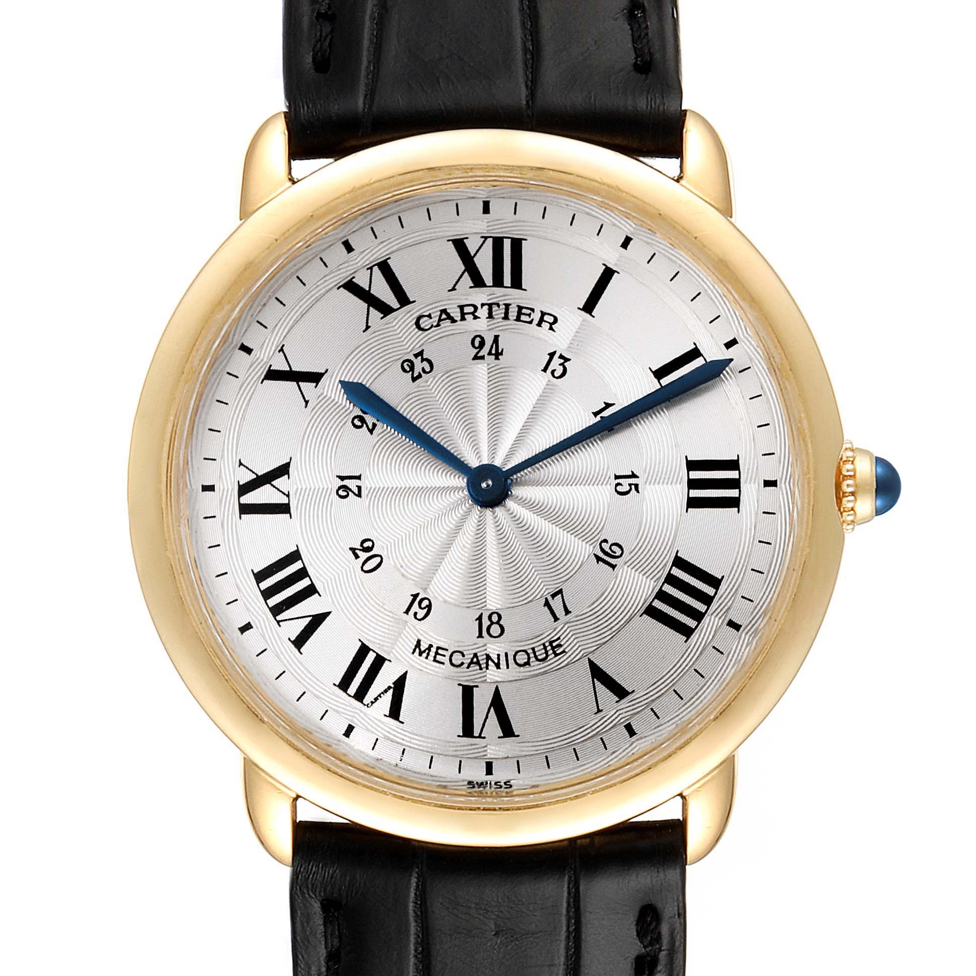 The image shows a classic Cartier Ronde 09001 Men's Yellow Gold Silver Dial 09001 Men's Yellow Gold Silver Dial model watch from a front angle, displaying its face, Roman numerals, gold bezel, and black strap.