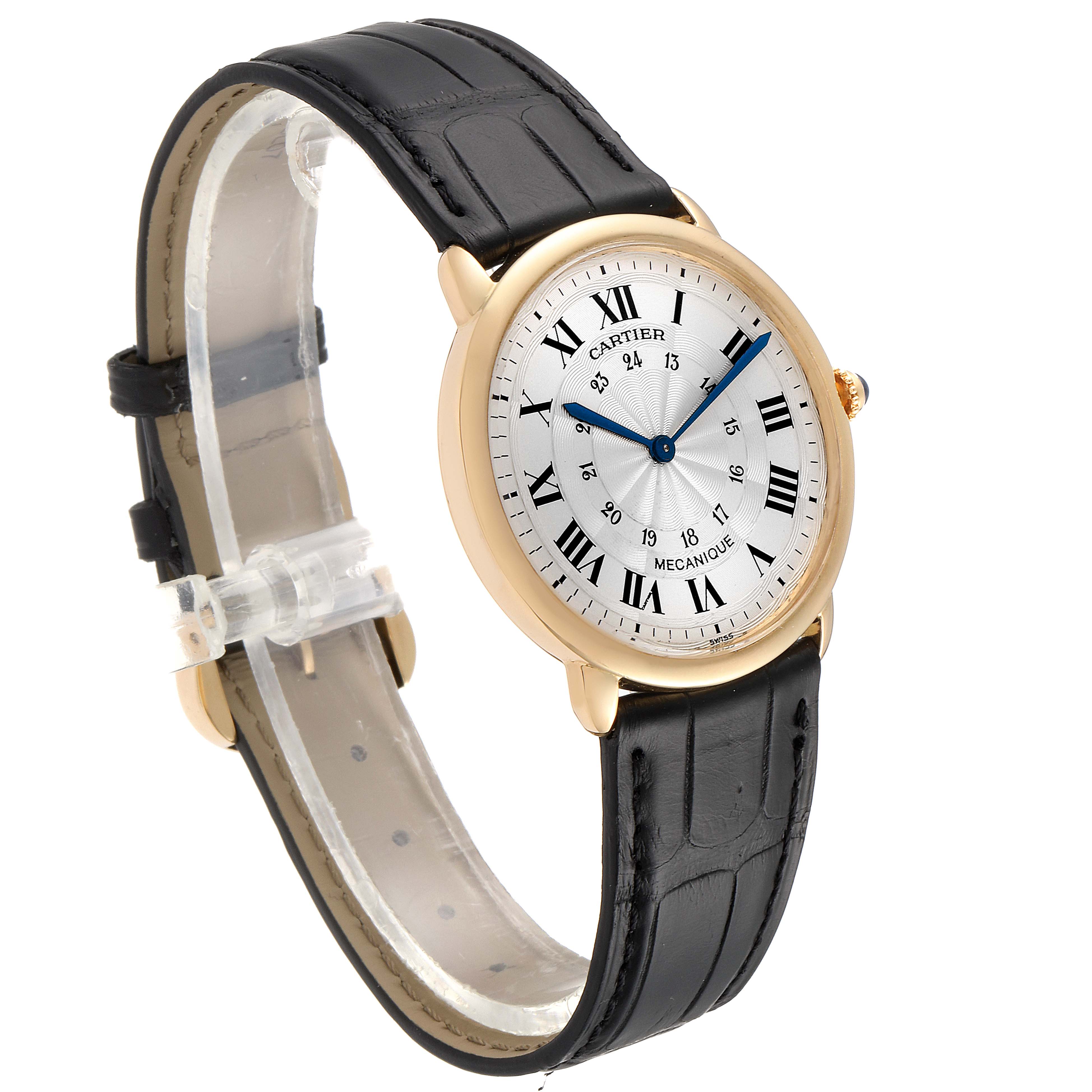 The image shows a side-angle view of a Cartier Ronde 09001 Men's Yellow Gold Silver Dial 09001 Men's Yellow Gold Silver Dial watch with a black leather strap and a round gold case.