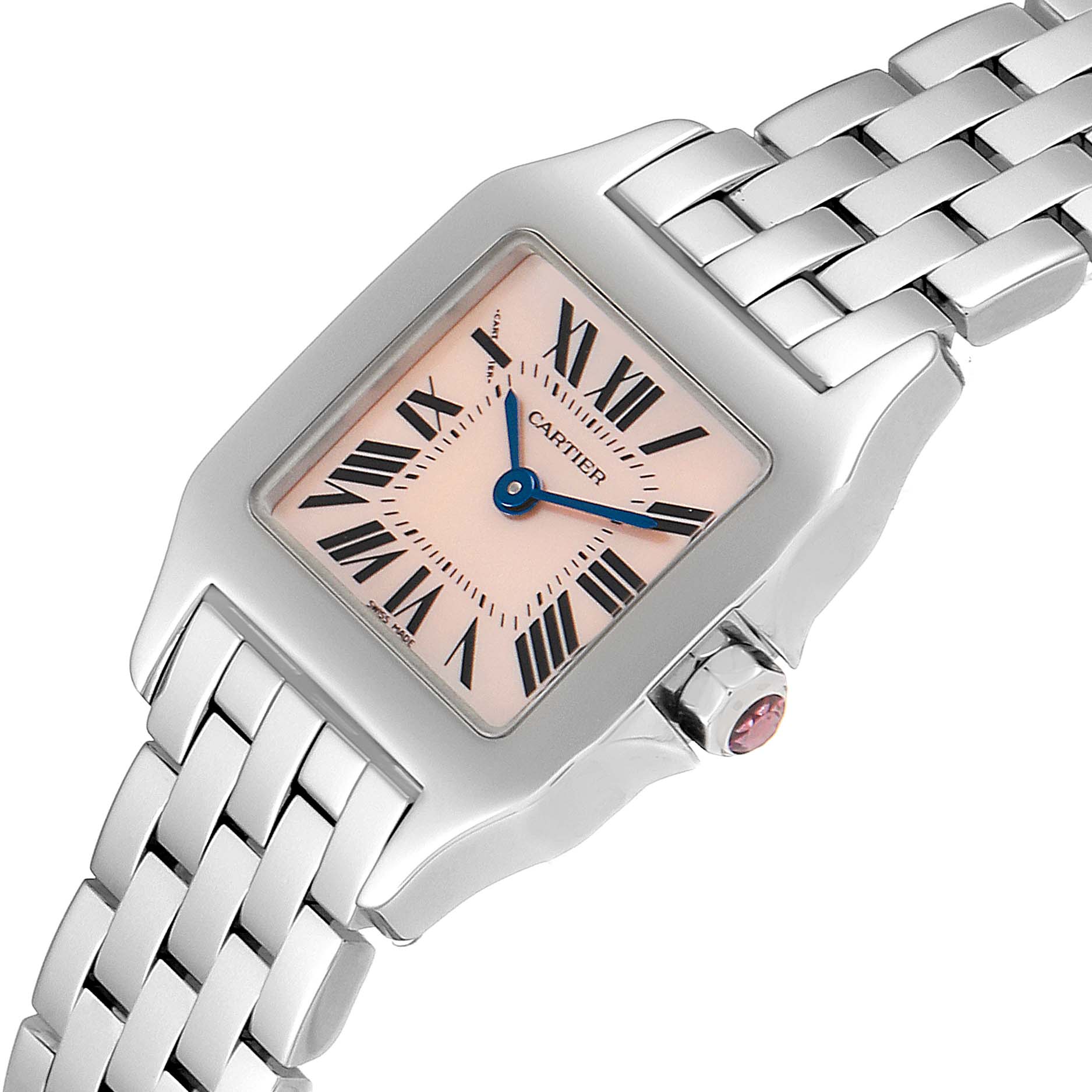 The image shows a Cartier Santos Demoiselle W25075Z5 Women's Stainless Steel Mother of Pearl Dial W25075Z5 Women's Stainless Steel Mother of Pearl Dial watch from an angle highlighting its dial, case, crown, and bracelet.