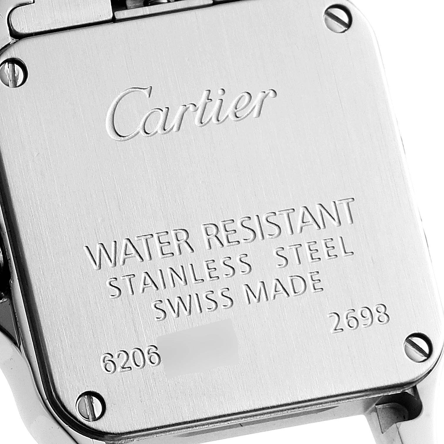 This image shows the back case of the Santos Demoiselle watch by Cartier, highlighting its water resistance and stainless steel material.