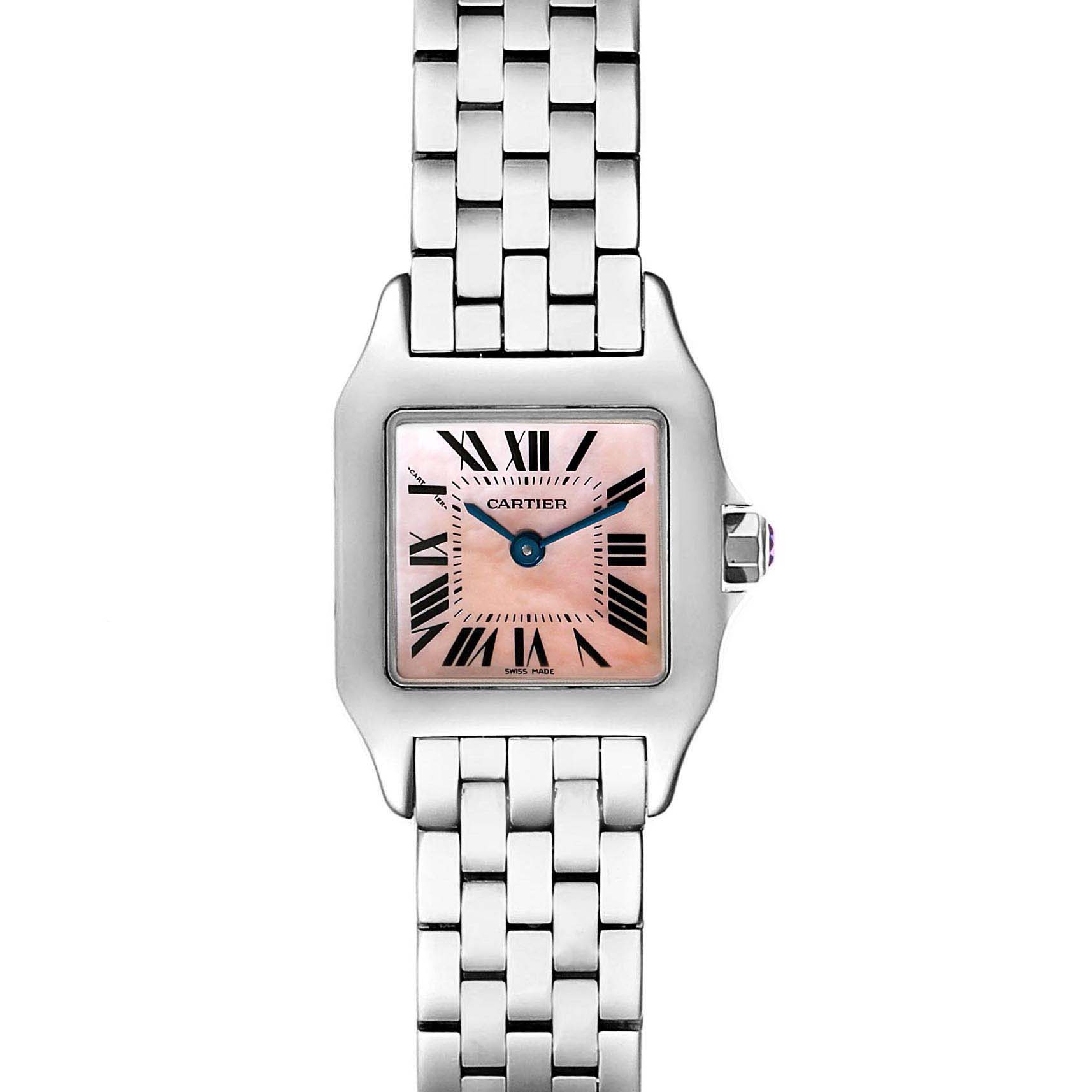 The image shows a frontal view of the Cartier Santos Demoiselle W25075Z5 Women's Stainless Steel Mother of Pearl Dial W25075Z5 Women's Stainless Steel Mother of Pearl Dial watch, featuring the watch face and metal bracelet.