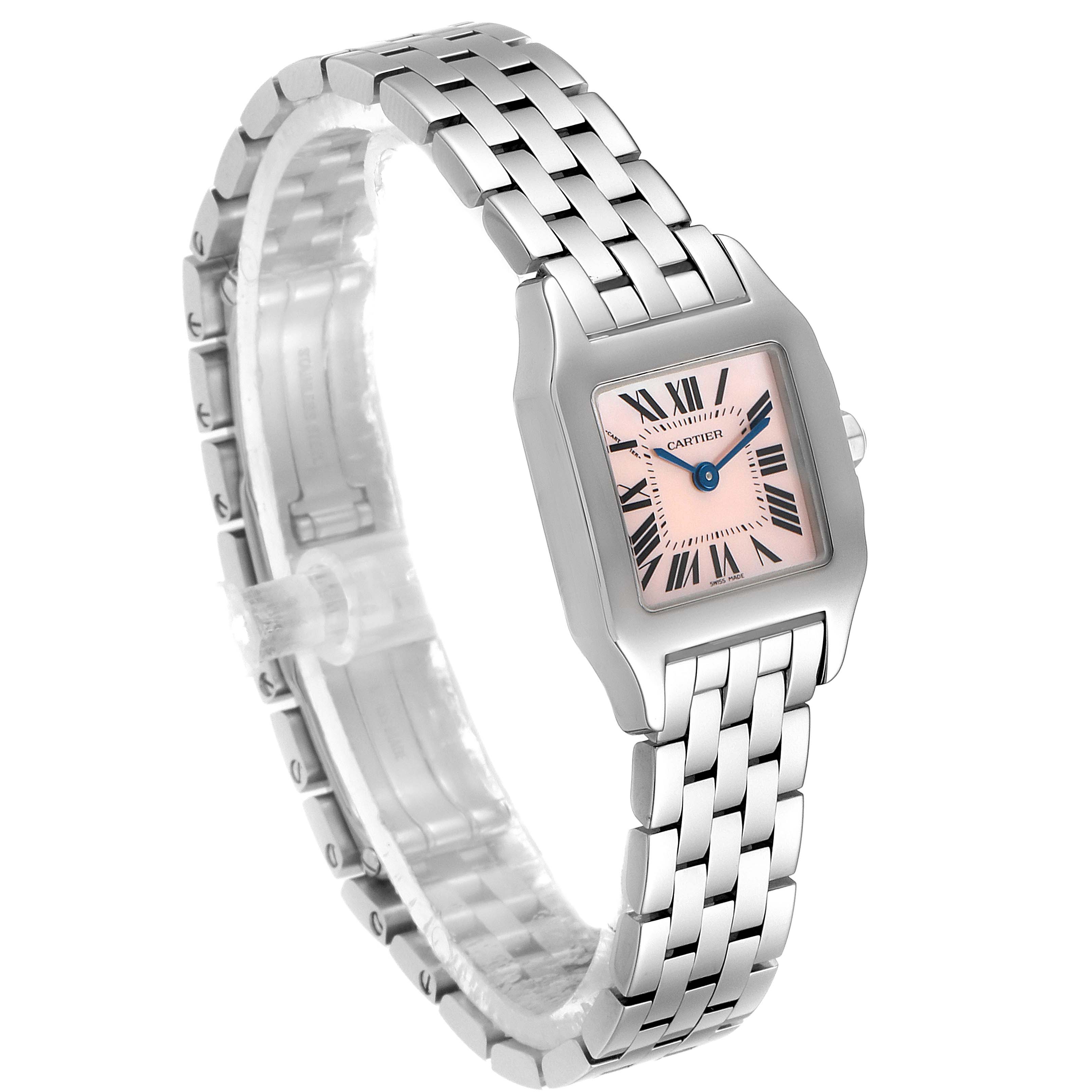 The Cartier Santos Demoiselle W25075Z5 Women's Stainless Steel Mother of Pearl Dial W25075Z5 Women's Stainless Steel Mother of Pearl Dial watch is shown at a three-quarter angle, highlighting its rectangular case and metal link bracelet.