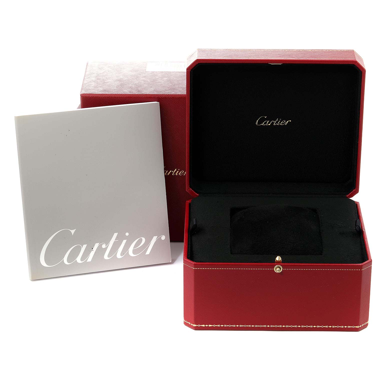 Shown are the packaging and booklet for the Santos Demoiselle model by Cartier, including an open red presentation box.