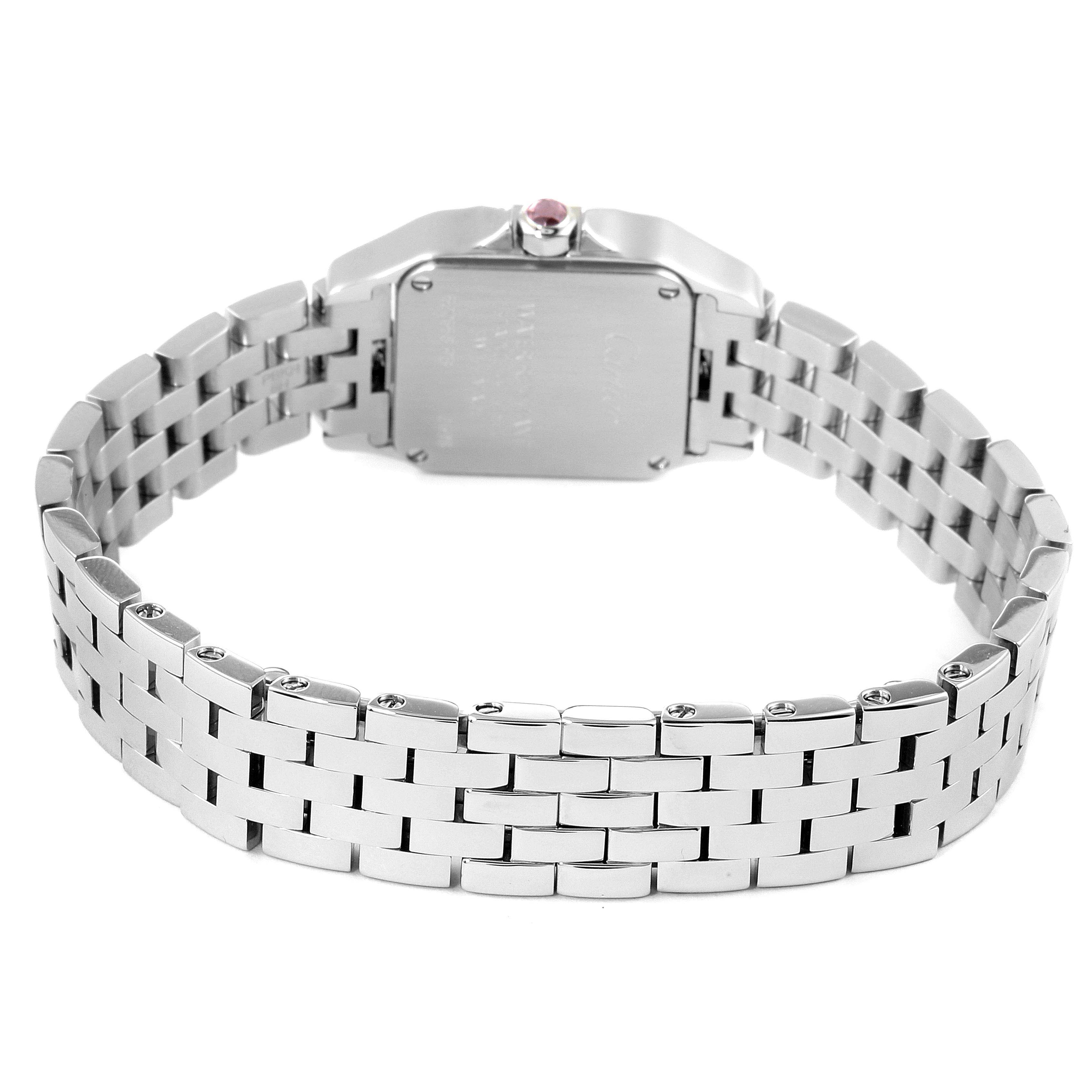 The image shows the back view of the Cartier Santos Demoiselle W25075Z5 Women's Stainless Steel Mother of Pearl Dial W25075Z5 Women's Stainless Steel Mother of Pearl Dial watch, highlighting its metal bracelet and case back.