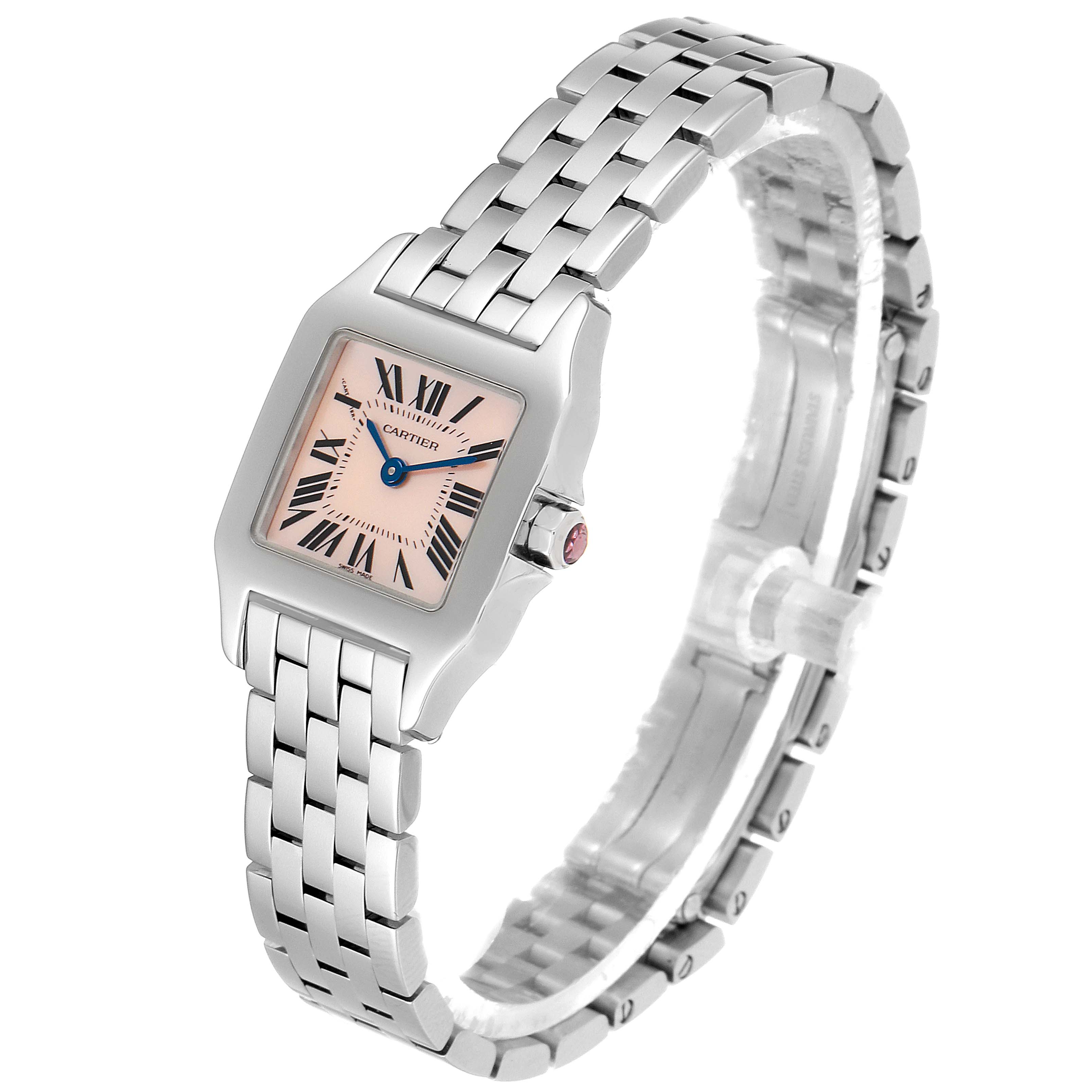 The Cartier Santos Demoiselle W25075Z5 Women's Stainless Steel Mother of Pearl Dial W25075Z5 Women's Stainless Steel Mother of Pearl Dial watch is shown at a slight angle, highlighting the face, band, and clasp.