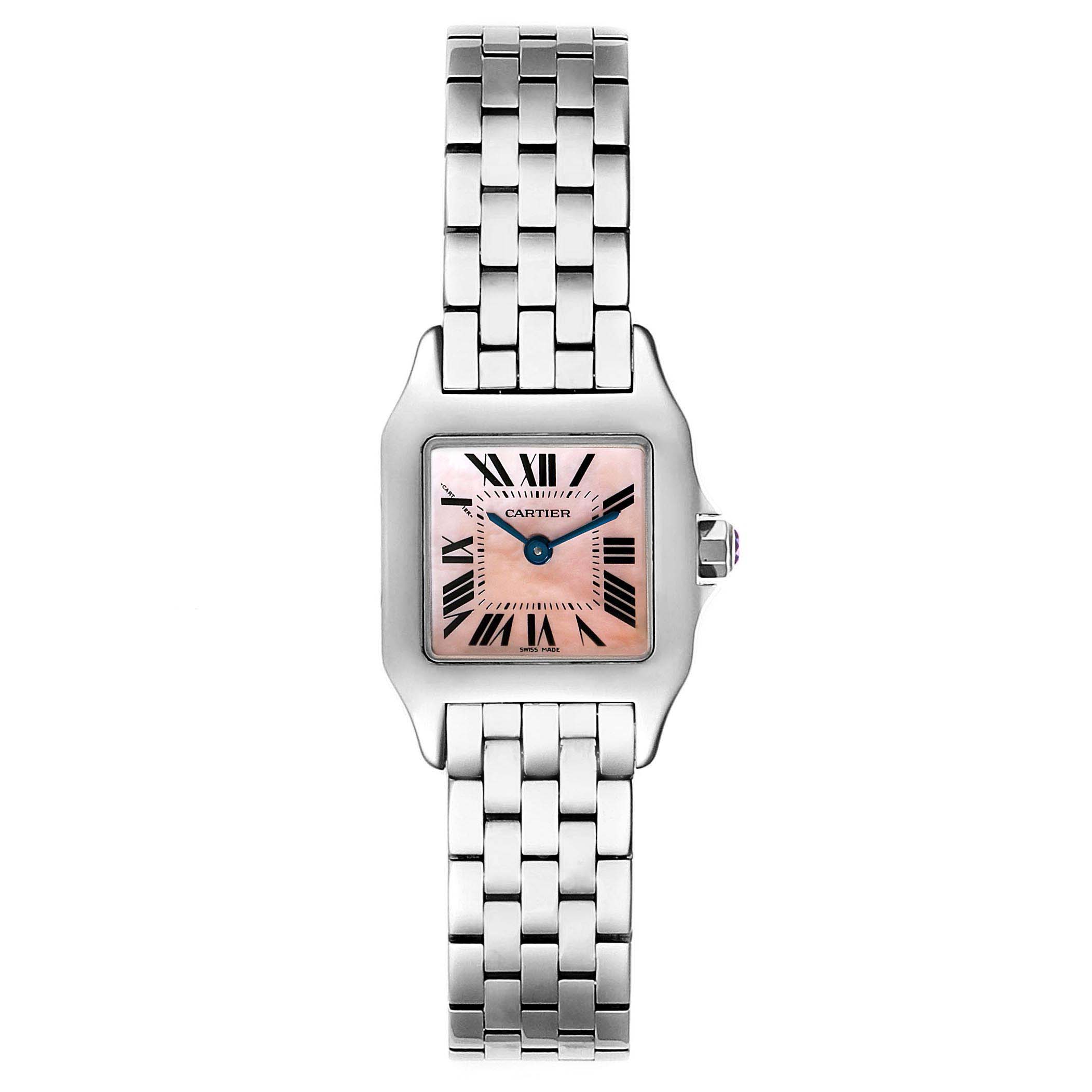 The image shows a front view of a Santos Demoiselle model by Cartier, highlighting its square face, bracelet, and dial details.