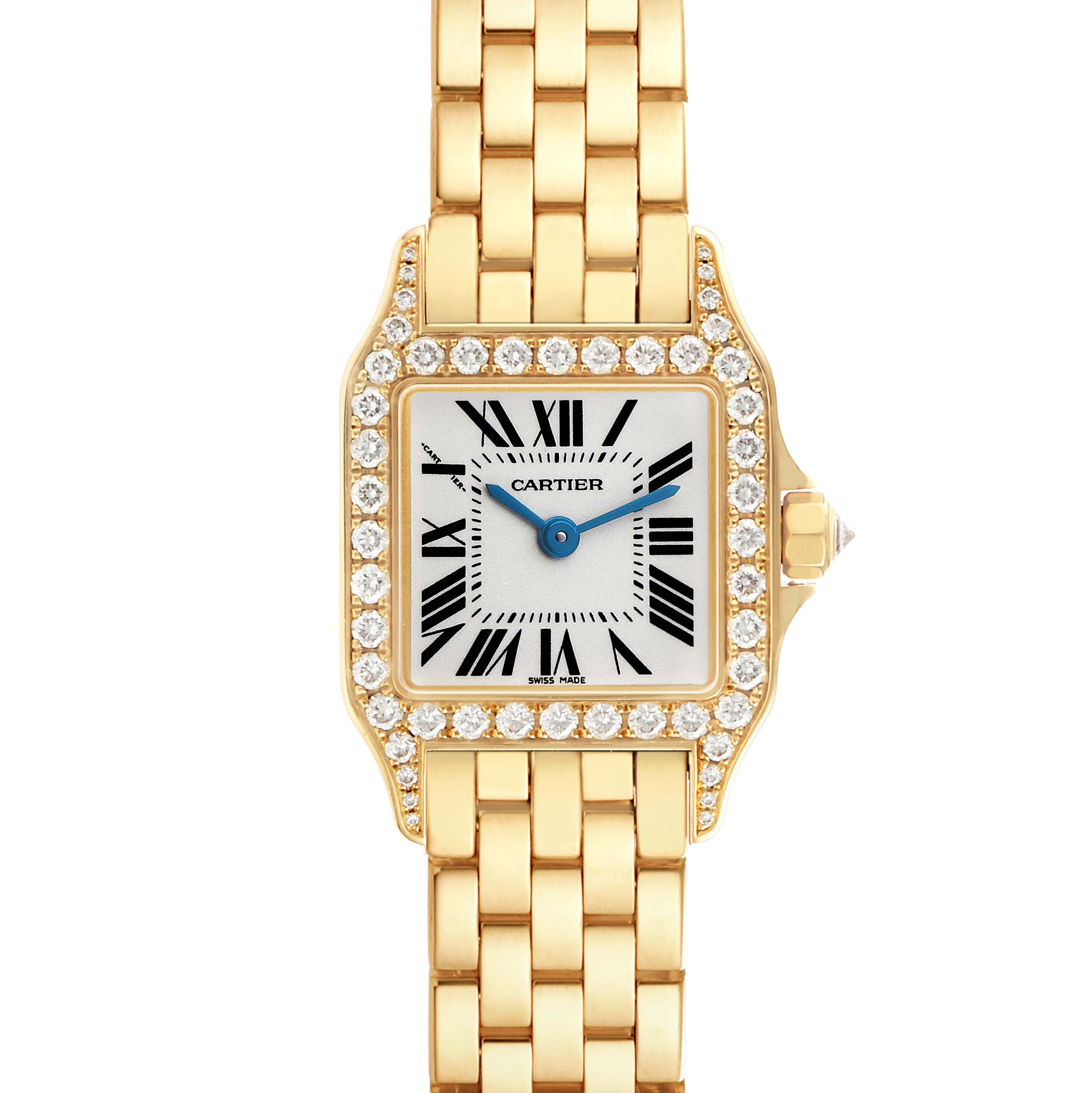 The image shows a front view of the Cartier Santos Demoiselle WF9001Y7 Women's Yellow Gold Silver Dial watch, highlighting its bezel and bracelet.